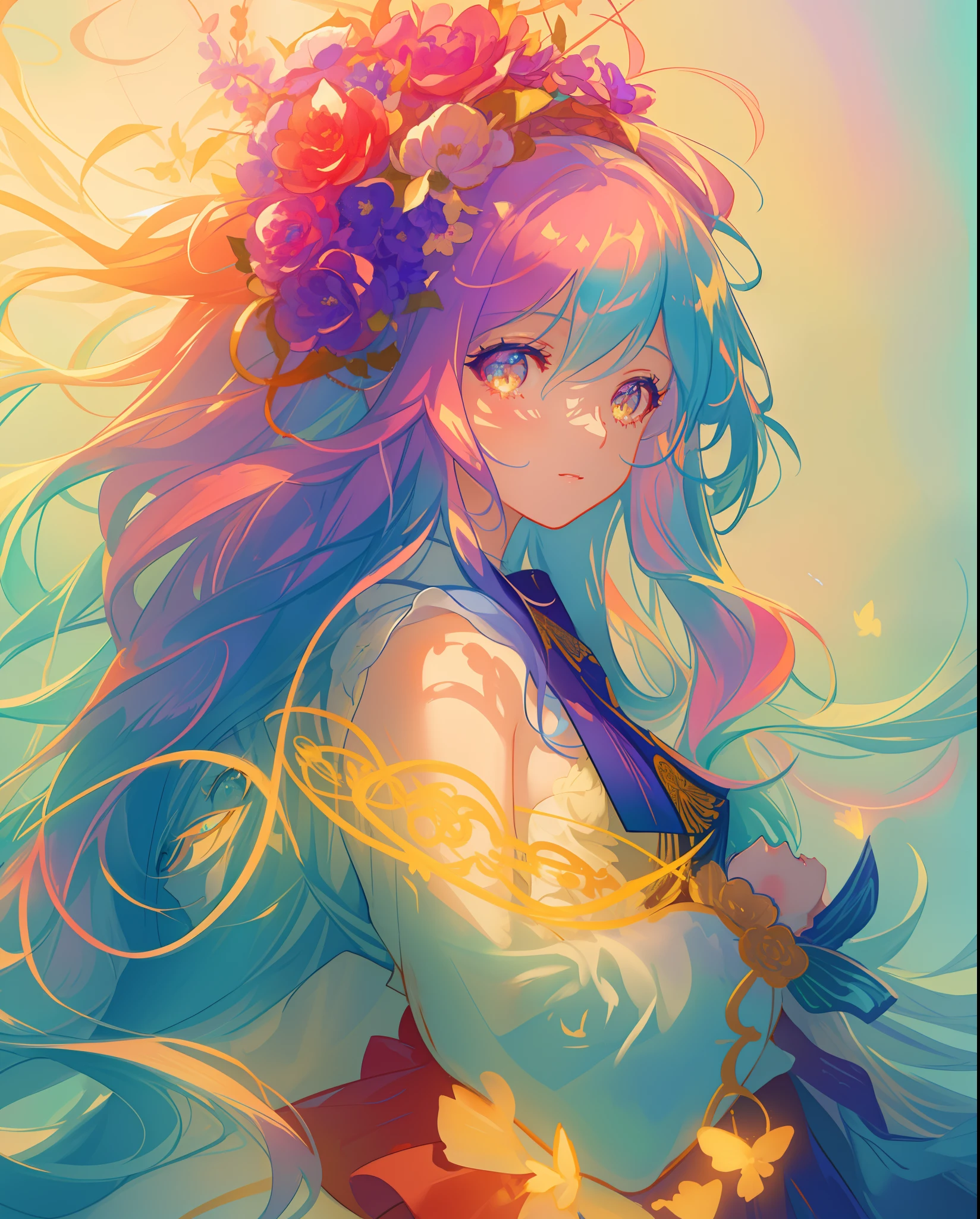 beautiful girl, beautiful ballgown, flowers in her hair, vibrant pastel colors, (colorful), magical lights, long flowing colorful hair, inspired by Glen Keane, inspired by Lois van Baarle, disney art style, by Lois van Baarle, glowing aura around her, by Glen Keane, jen bartel, glowing lights! digital painting, flowing glowing hair, glowing flowing hair, beautiful digital illustration, fantasia background, whimsical, magical, fantasy, beautiful face, ((masterpiece, best quality)), intricate details, highly detailed, sharp focus, 8k resolution, sparkling detailed eyes, liquid watercolor