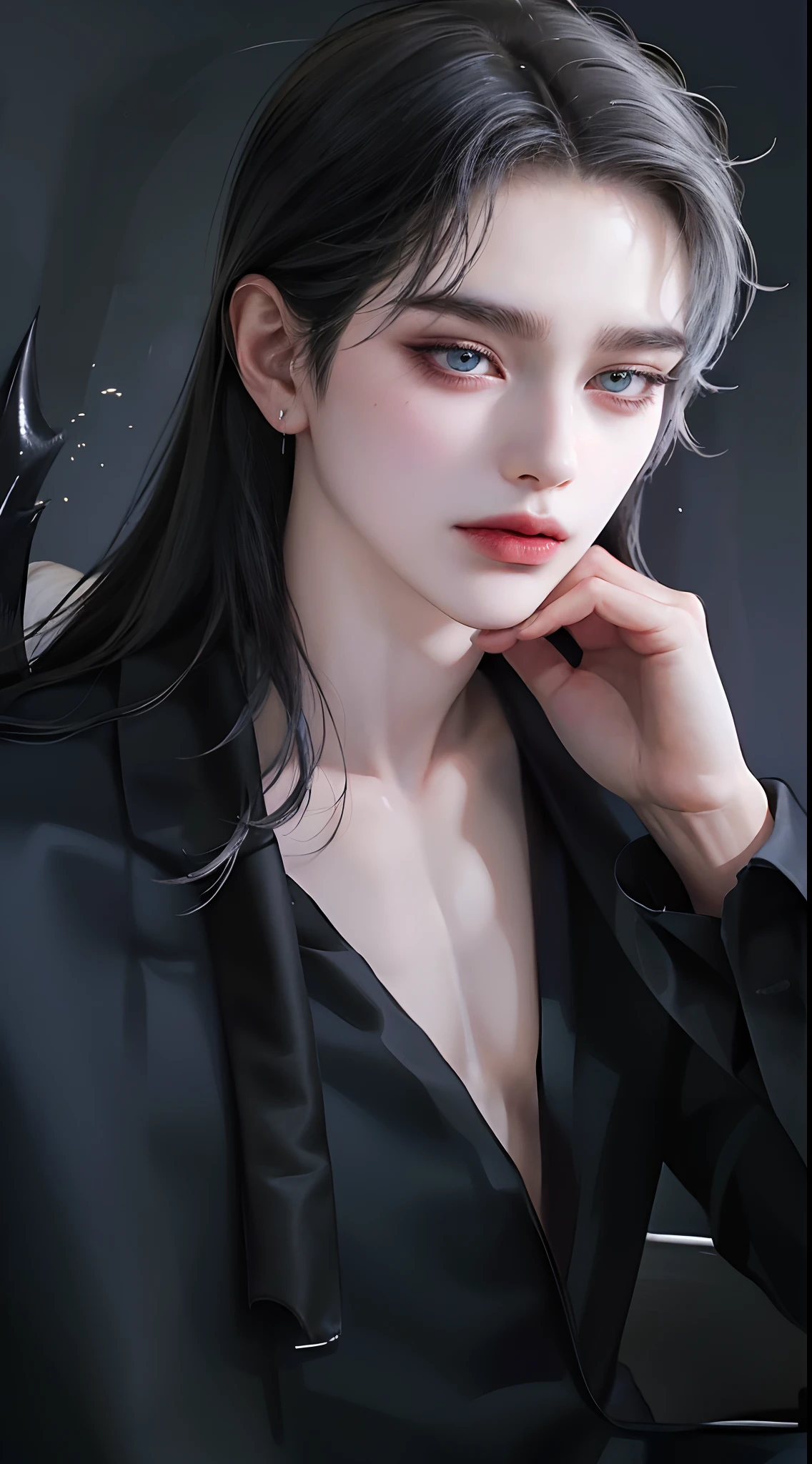 ((4K works))、​masterpiece、（top-quality)、((high-level image quality))、((one beautiful women))、Slim body、((Black Y Shirt Fashion))、(Detailed beautiful eyes)、Black background、((Face similar to Chaewon in Ruseraphim))、((Half-up hairstyle))、((bright silver hair))、((Smaller face))、((Neutral face))、((Light blue eyes))、((Korean Women))、((18year old))、((Wild Lady))、((Glaring at him with a savage look))、((Korean makeup with black eyeshadow))、((elongated and sharp eyes))、((Shot alone))、Cool pose