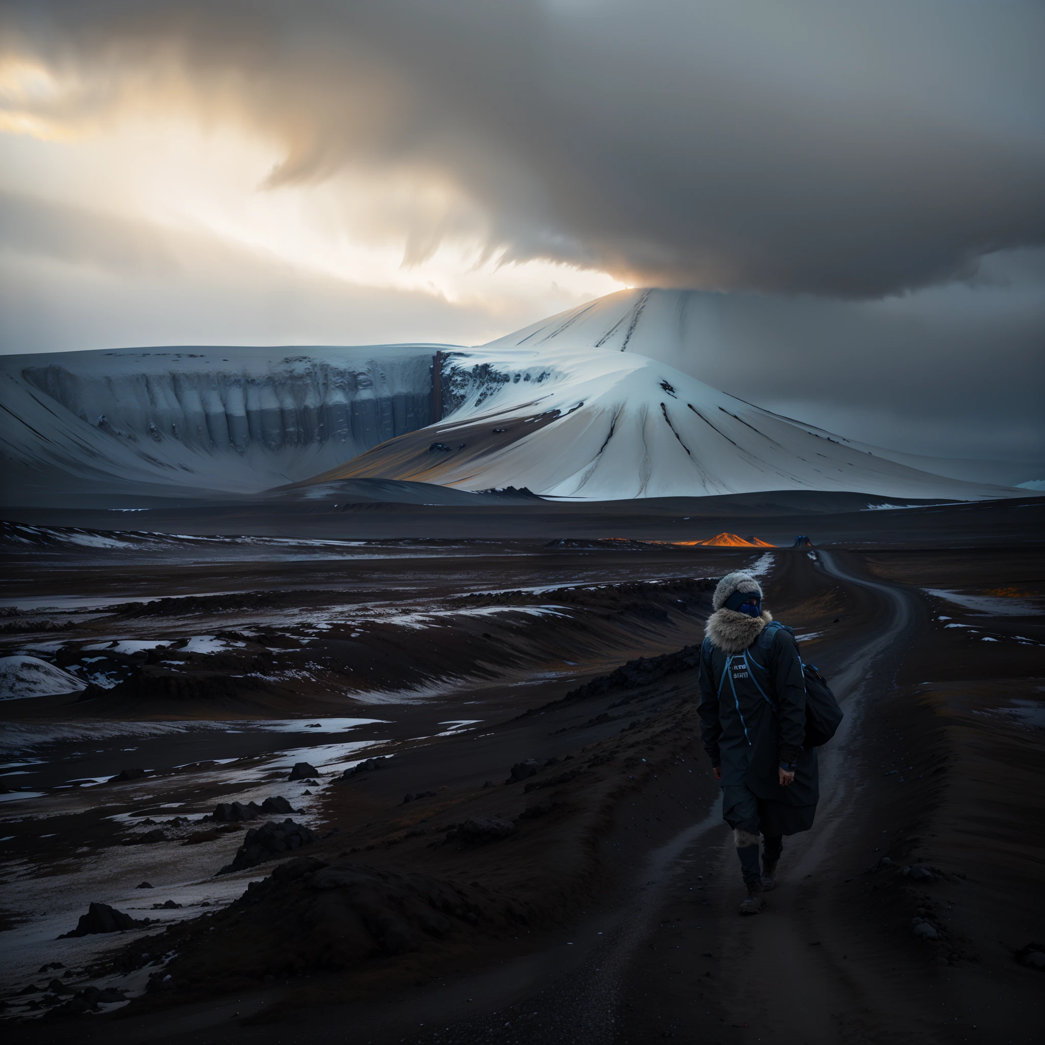 People walk on the dirt road in front of the mountain, iceland photography, sci-fi of iceland landscape, in volcano, Louisa Matthiasdotil, cinematic atmospheric photo, iceland, Beautiful dark landscape, standing close to volcano, iceland hills in the background, dramatic cinematic shot, Dramatic moody cold landscape, iceland landscape, stunning moody cinematography