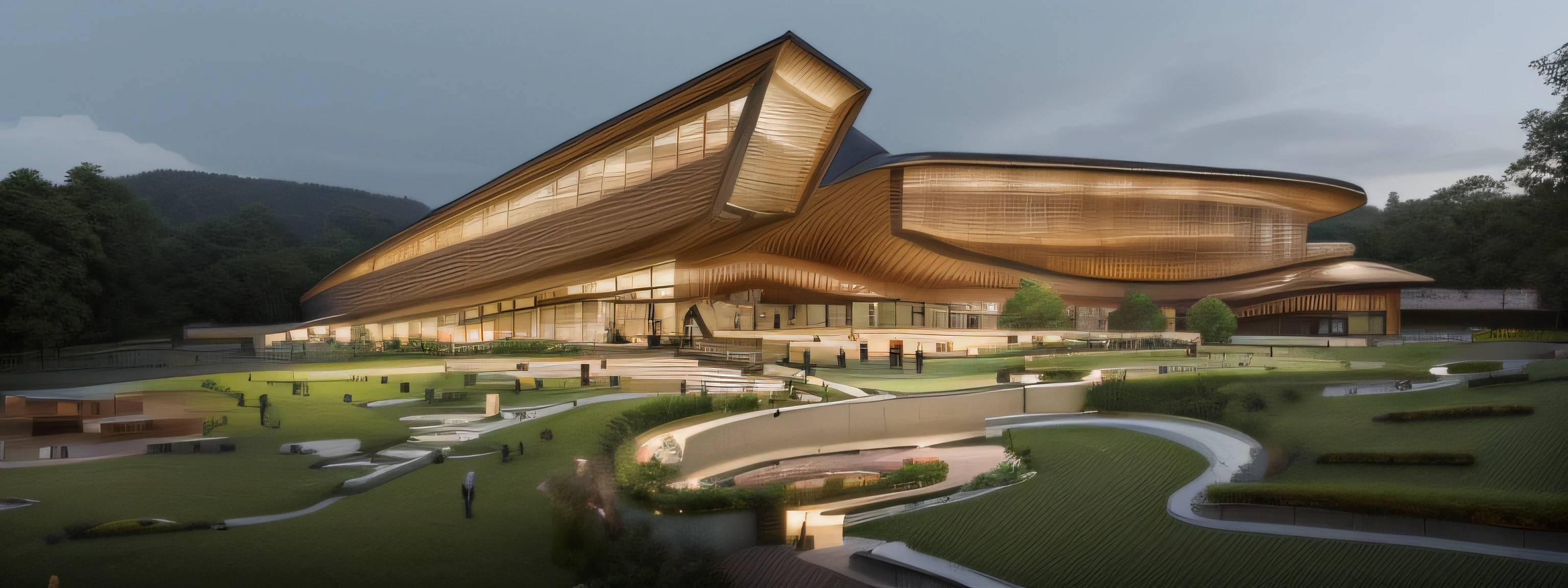 A cultural complex architecture with a sloping roof, with glass, wood, and greenery