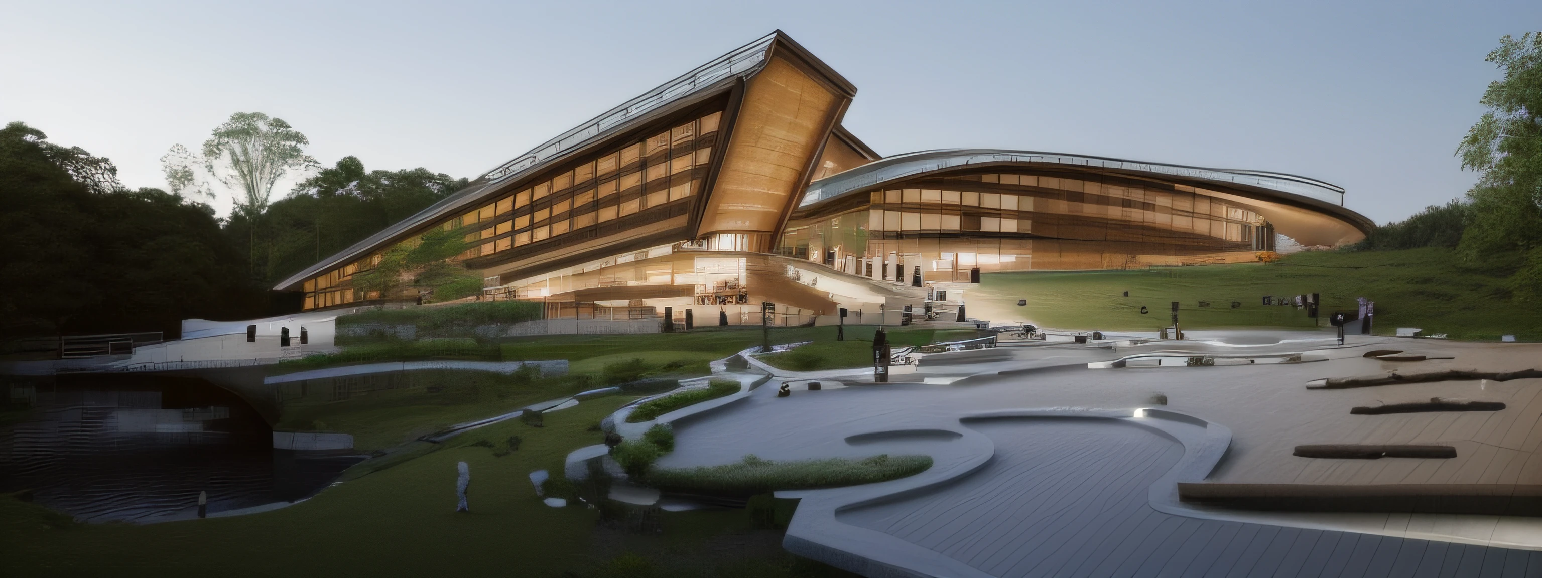 A cultural complex architecture with a sloping roof, with glass, wood, and greenery