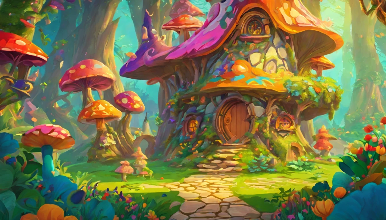 (Mysterious fantasy forest)，Hobbit Cottage, It is vividly depicted in the work (Best quality, 8K, Advanced resolution, Masterpiece: 1.2), With ultra-detailed detail (1.4x realism, Photorealistic: 1.37). This fantasy forest is made up of bright colors，bathed in the warm glow of the sun, Create a cheerful and whimsical atmosphere. The house has been designed with great attention to detail, With a complex design and unique architecture, Similar to a mushroom-shaped house。 (This fantasy forest is surrounded by lush greenery and colorful flowers), Elevate a captivating and magical environment。 The artwork showcases an illustrative style, Inspired by children's book illustrations, Ensures a glamorous and nostalgic touch. The color palette consists of vibrant rainbow colors, Seven colors，Evoke feelings of joy and playfulness. Lighting accentuates the picturesque scene, Soft and warm shadows are created that add depth and warmth to the artwork. Every detail is impeccablely presented, creating a visually stunning masterpiece，Capture the essence of the hobbit town of the Fantasy Forest.