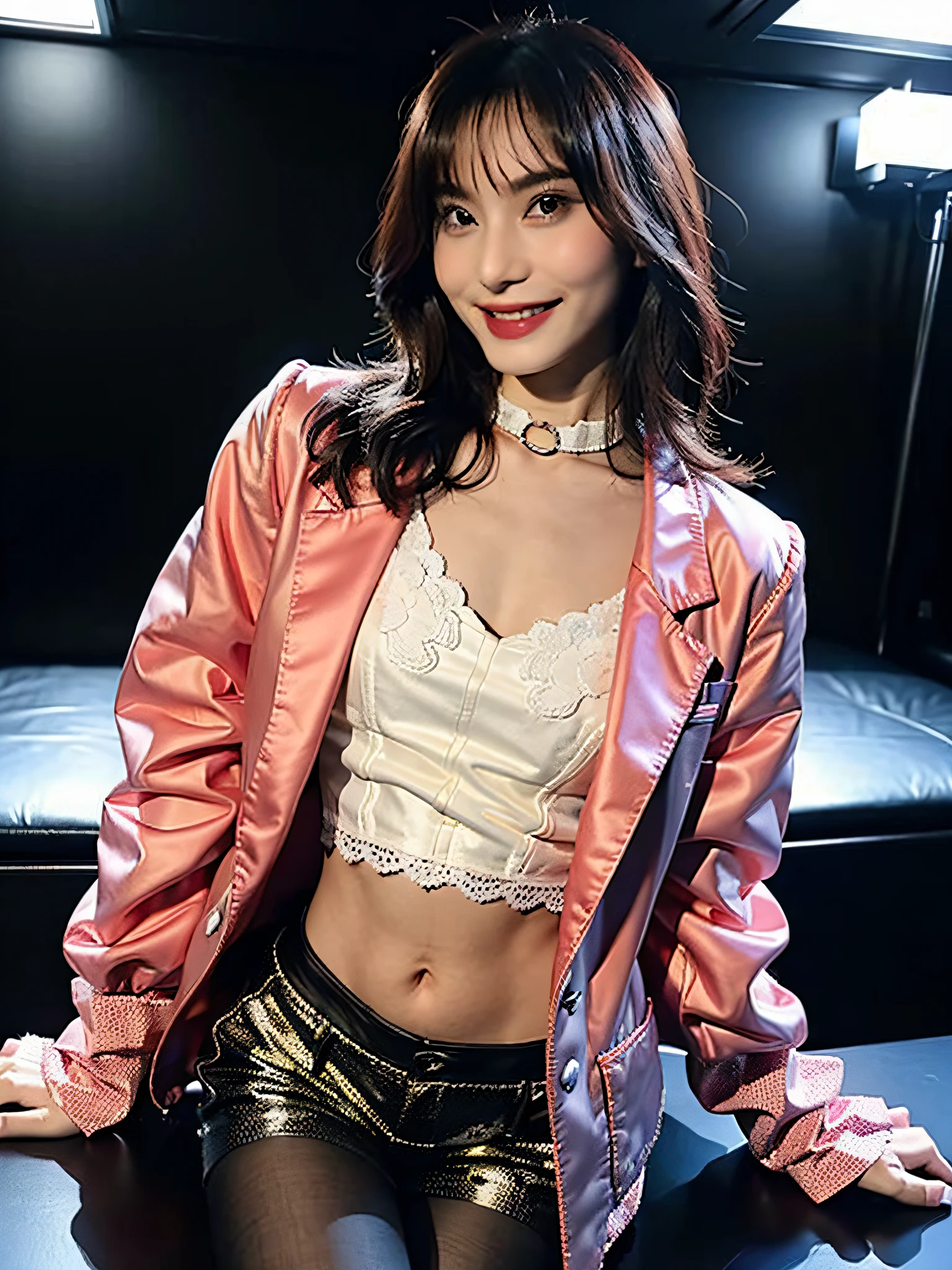 (8K, Raw photo, Best Quality, masutepiece:1.2), (Realistic, Photorealsitic:1.37), Ultra-detailed, 1 girl,Cute, Solo,Beautiful,(nose blush),(Smile:1.1), Large breasts,Beautiful detailed eyes,(Collared shirt:1.1),(Long hair:1.2),Floating hair,(Red hair,Pink hair,Blonde hair,partially highlighted hair),(Blazer),(see through lace lingerie, see through high-end lingerie),(Garter Belt),(pantyhose),(Full body),(The tattoo),(lounge,nightclubs,a bar counter,Casino,mansion,Chinatown,hong kong street),Skinny Hands,Skinny Fingers,(navel ring pendent),(waist chains),(jewely),vip,Model,(Fishnet gloves),(Choker),(hands behind back),(see through ),(Pubic hair showing through)