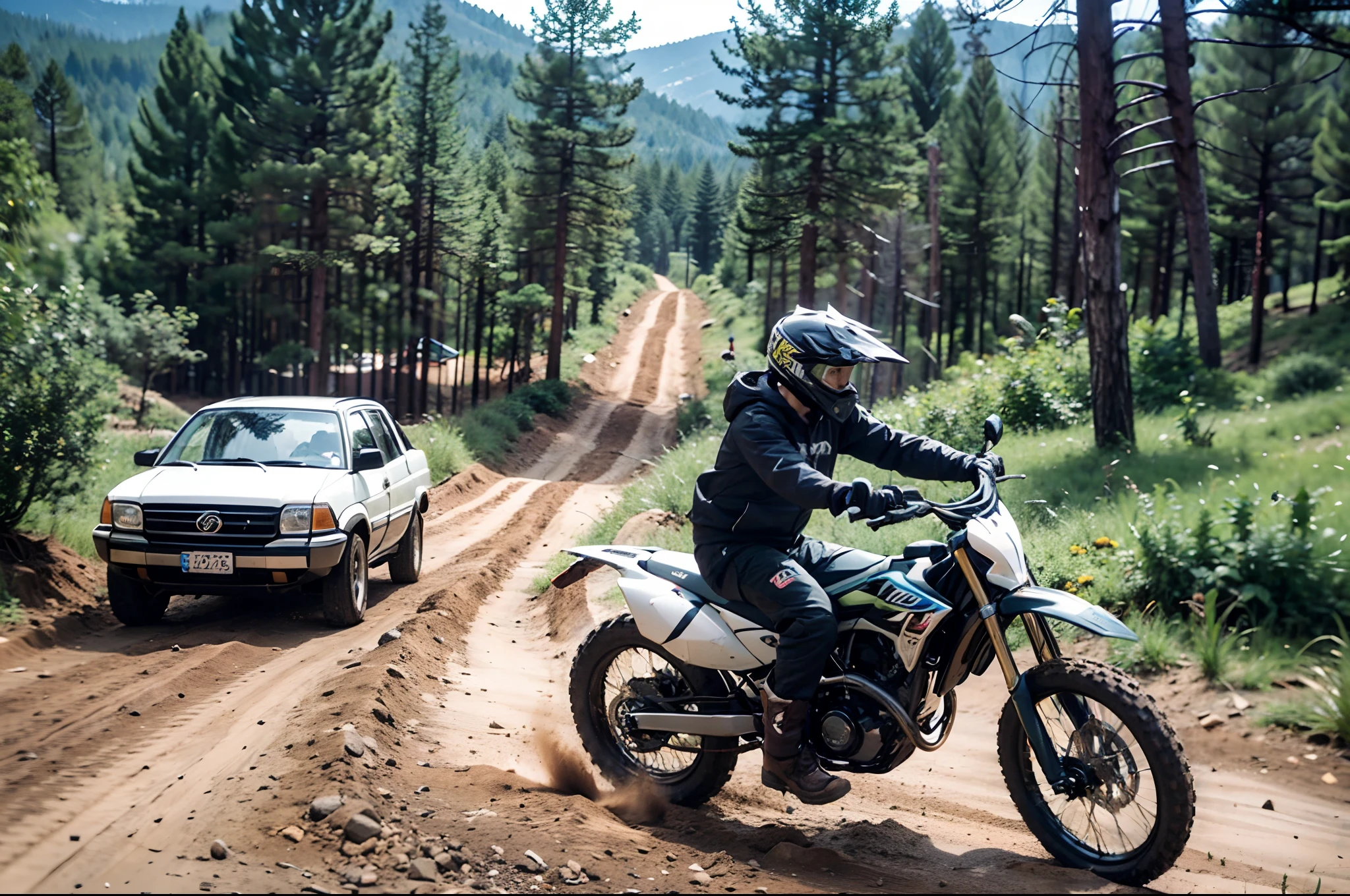 Hardcore dirt bike，Four doors，Earthy color，The whole car adopts a wild basalt style，The door is closed，Drive on mountain roads，