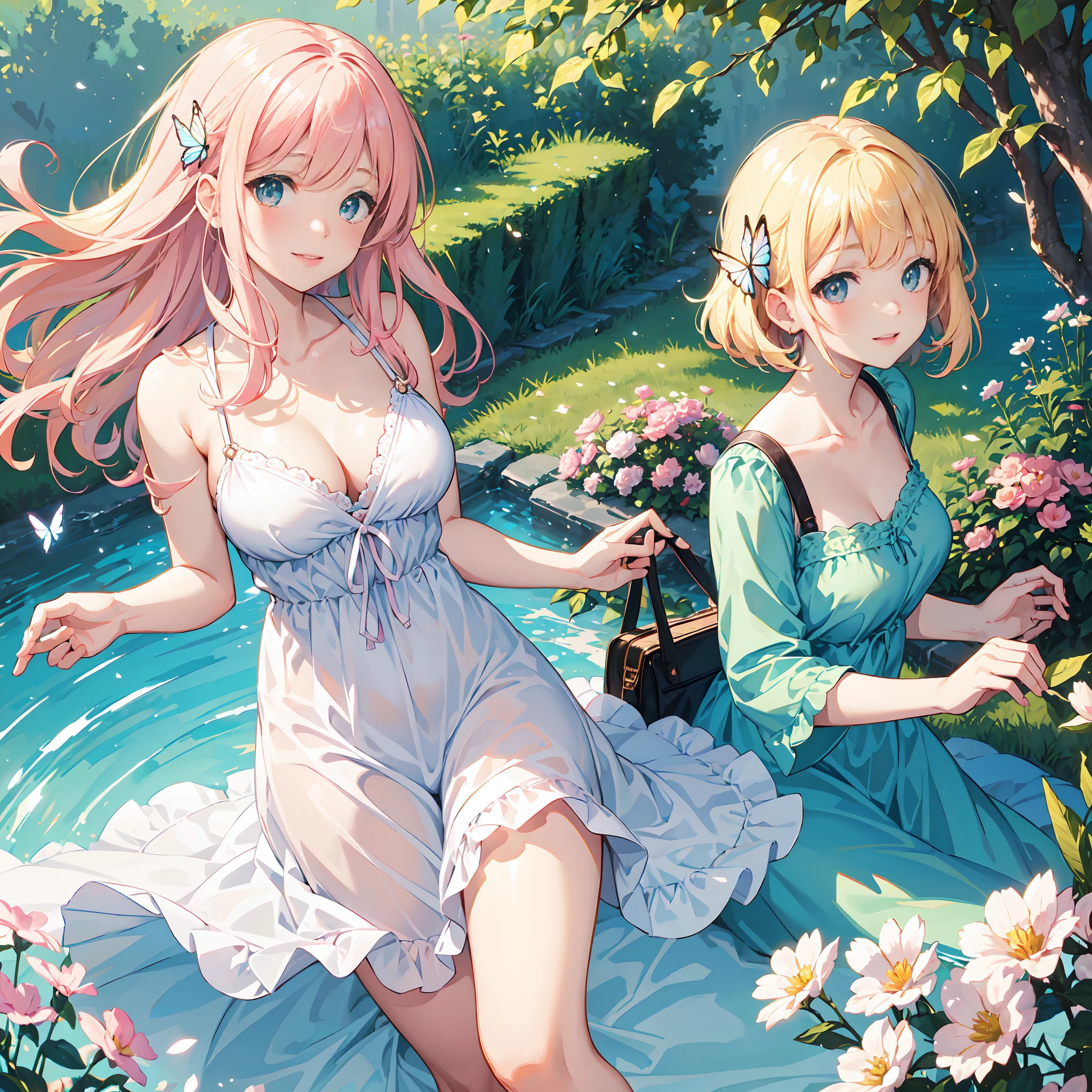 (best quality, 8k, masterpiece:1.2, nsfw ),Cutest,Cute girl,mesugaki,Beautiful face,Beautiful eyes,Beautiful hair, Light pink hair,Lots of colorful flowers,sunshine,peaceful garden,summer dress,holding a book,smiling,golden hour lighting,vibrant colors,happy expression,
soft breeze,gentle makeup,freckles,blonde hair,flowing dress,pastel colors,fairytale atmosphere,fluttering butterflies,dreamy atmosphere,vivid greenery。