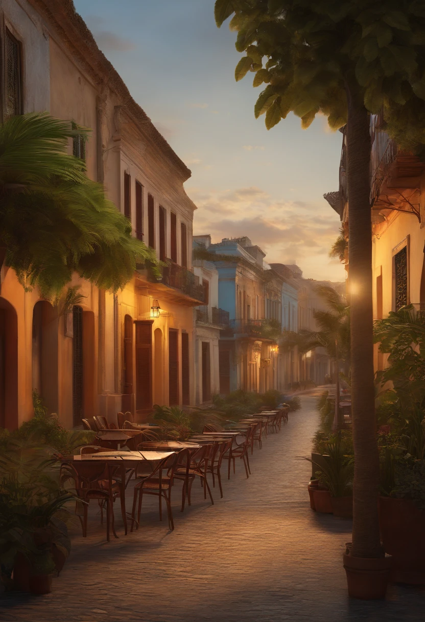 there is a picture of a street with tables and chairs, outdoor tropical cityscape, cosy cafe background, a city street view background, a photorealistic streetscape, Cuban setting, street background, buildings photorealism, town background, realistic 3 d style, photo-realistic style, by Ni Yuanlu, by Juan Villafuerte, photorealistic style, inspired by Evgeny Lushpin