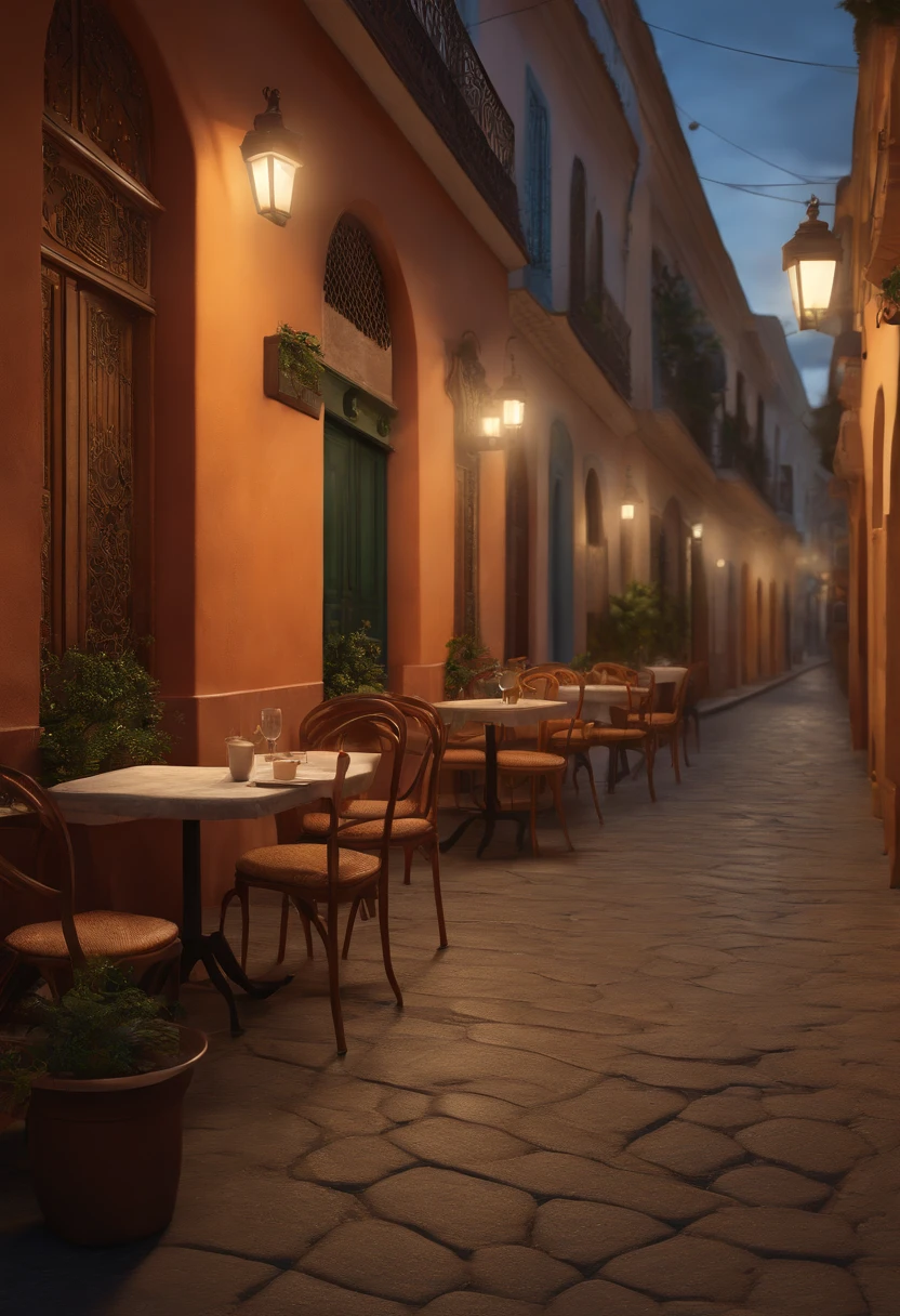there is a picture of a street with tables and chairs, outdoor tropical cityscape, cosy cafe background, a city street view background, a photorealistic streetscape, Cuban setting, street background, buildings photorealism, town background, realistic 3 d style, photo-realistic style, by Ni Yuanlu, by Juan Villafuerte, photorealistic style, inspired by Evgeny Lushpin