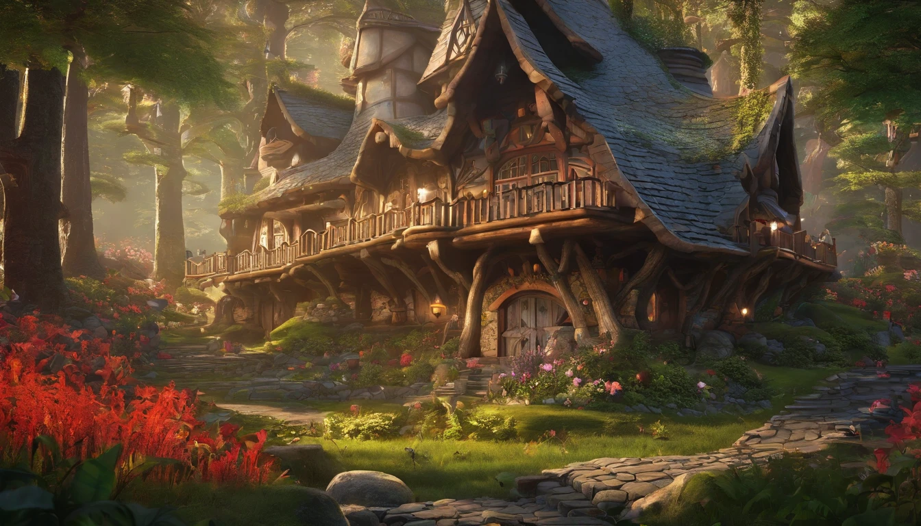 (Mysterious fantasy forest:1.5),A hobbit cabin, It is vividly depicted in the work (Best quality, 8K, Advanced resolution, Masterpiece: 1.2), With ultra-detailed detail (1.4x realism, Photorealistic: 1.37). This fantasy forest is made up of bright colors,bathed in the warm glow of the sun, Create a cheerful and whimsical atmosphere. The house has been designed with great attention to detail, With a complex design and unique architecture, Similar to a mushroom-shaped house。 (This fantasy forest is surrounded by lush greenery and colorful flowers), Elevate a captivating and magical environment。 The artwork showcases an illustrative style, Inspired by children's book illustrations, Ensures a glamorous and nostalgic touch. The color palette consists of vibrant rainbow colors, Seven colors,Evoke feelings of joy and playfulness. Lighting accentuates the picturesque scene, Soft and warm shadows are created that add depth and warmth to the artwork. Every detail is impeccablely presented, creating a visually stunning masterpiece,Capture the essence of the Hobbit Cabin in the Fantasy Forest.