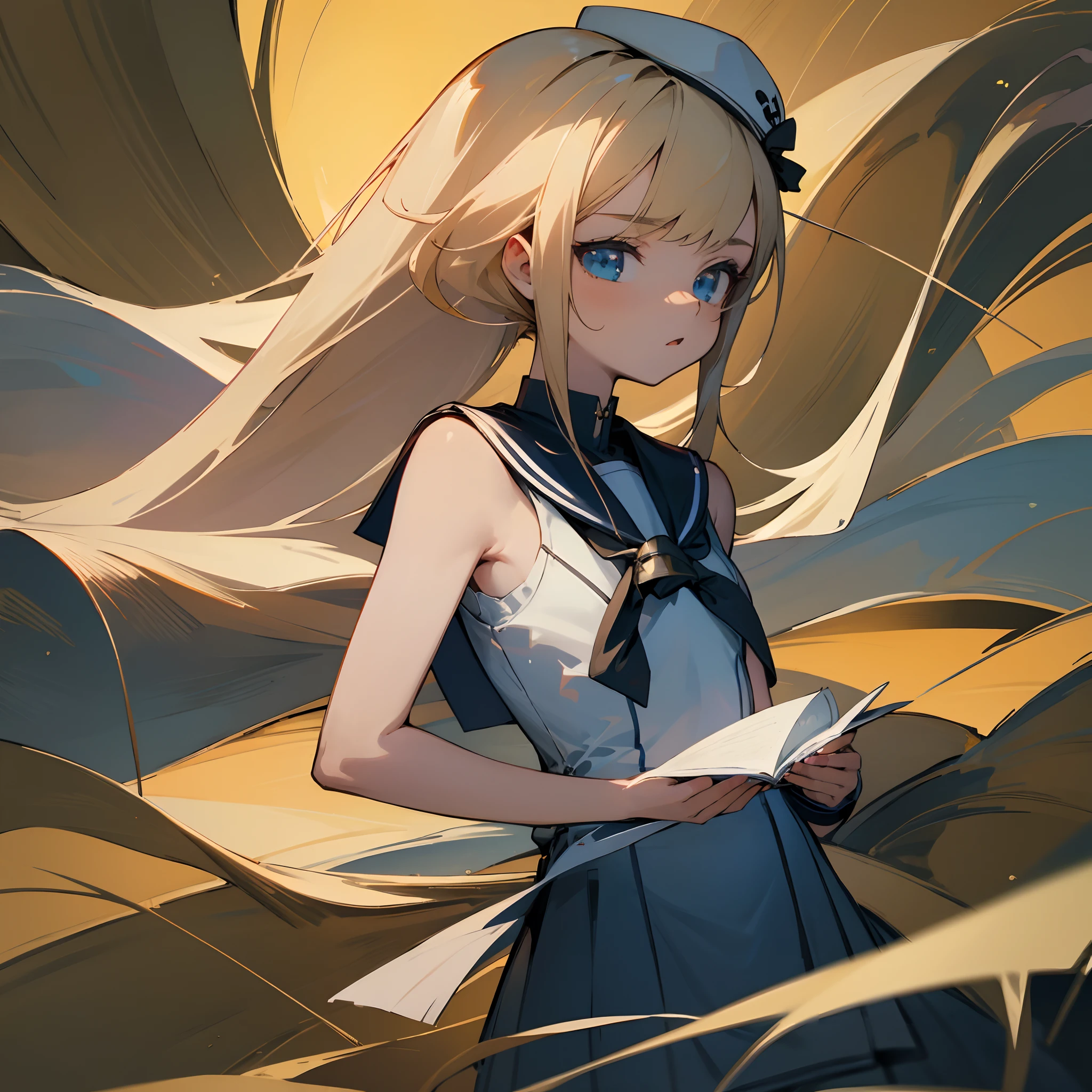 Reines, 1girl, high quality, best quality, illustration, masterpiece, (highly detailed:1.2), (extremely detailed:1.3), flat chest, bare shoulders, young girl, sailor uniform, summer, sleeveless, sailor dress, loli