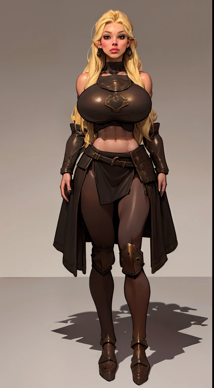 8k ((short body:1.7))((full body view)),(large eyes:1.3), (long hair:1.4), defined cheekbones, (((female dwarf:1.5))), ((the pit style:1.4))((medieval armor:1.6)) ((rusty shoulder armor:1.4))detailed face:1.5), pale skin,(puffy lips:1.5) (pale skin:1.6) ((sexy pose)),((gigantic breasts:1.5)), )highly detailed, majestic, digital photography, art by artgerm and ruan jia and greg rutkowski, ((blonde hair:1.5)), (masterpiece),((wide shoulders:1.5)) sidelighting, intricate details, (((black and brown color palette))), (((short height))), ((white legs:1.4))((black torso:1.4))((slendered abs:1.2))