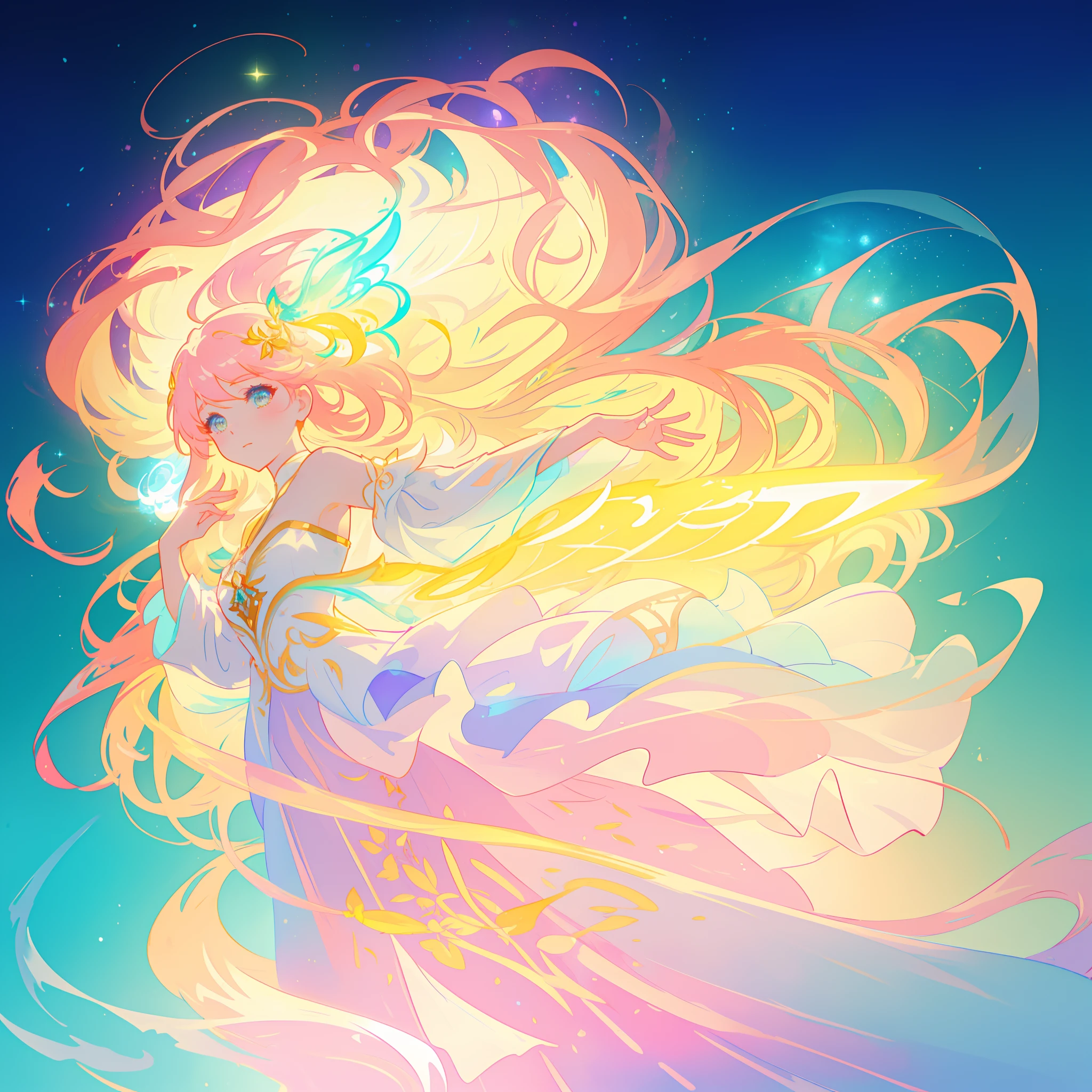 beautiful girl, simple white dress, vibrant pastel colors, (colorful), magical lights, long flowing golden hair, inspired by Glen Keane, inspired by Lois van Baarle, disney art style, by Lois van Baarle, glowing aura around her, by Glen Keane, jen bartel, glowing lights! digital painting, flowing glowing hair, glowing flowing hair, beautiful digital illustration, fantasia background, whimsical, magical, fantasy, beautiful face, ((masterpiece, best quality)), intricate details, highly detailed, sharp focus, 8k resolution, sparkling detailed eyes, liquid watercolor