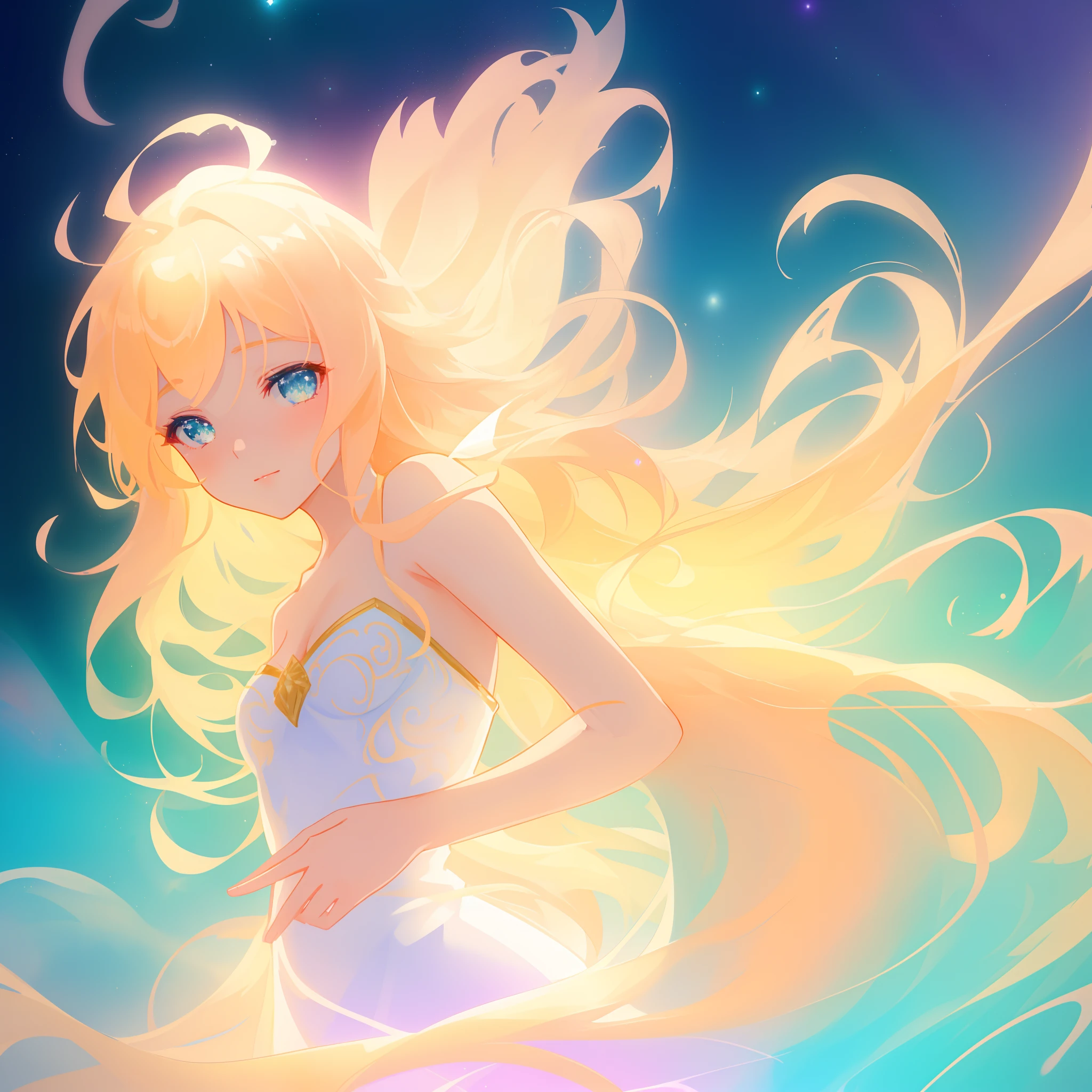 beautiful  girl, simple white dress, vibrant pastel colors, (colorful), magical lights, long flowing golden hair, inspired by Glen Keane, inspired by Lois van Baarle, disney art style, by Lois van Baarle, glowing aura around her, by Glen Keane, jen bartel, glowing lights! digital painting, flowing glowing hair, glowing flowing hair, beautiful digital illustration, fantasia background, whimsical, magical, fantasy, beautiful face, ((masterpiece, best quality)), intricate details, highly detailed, sharp focus, 8k resolution, sparkling detailed eyes, liquid watercolor