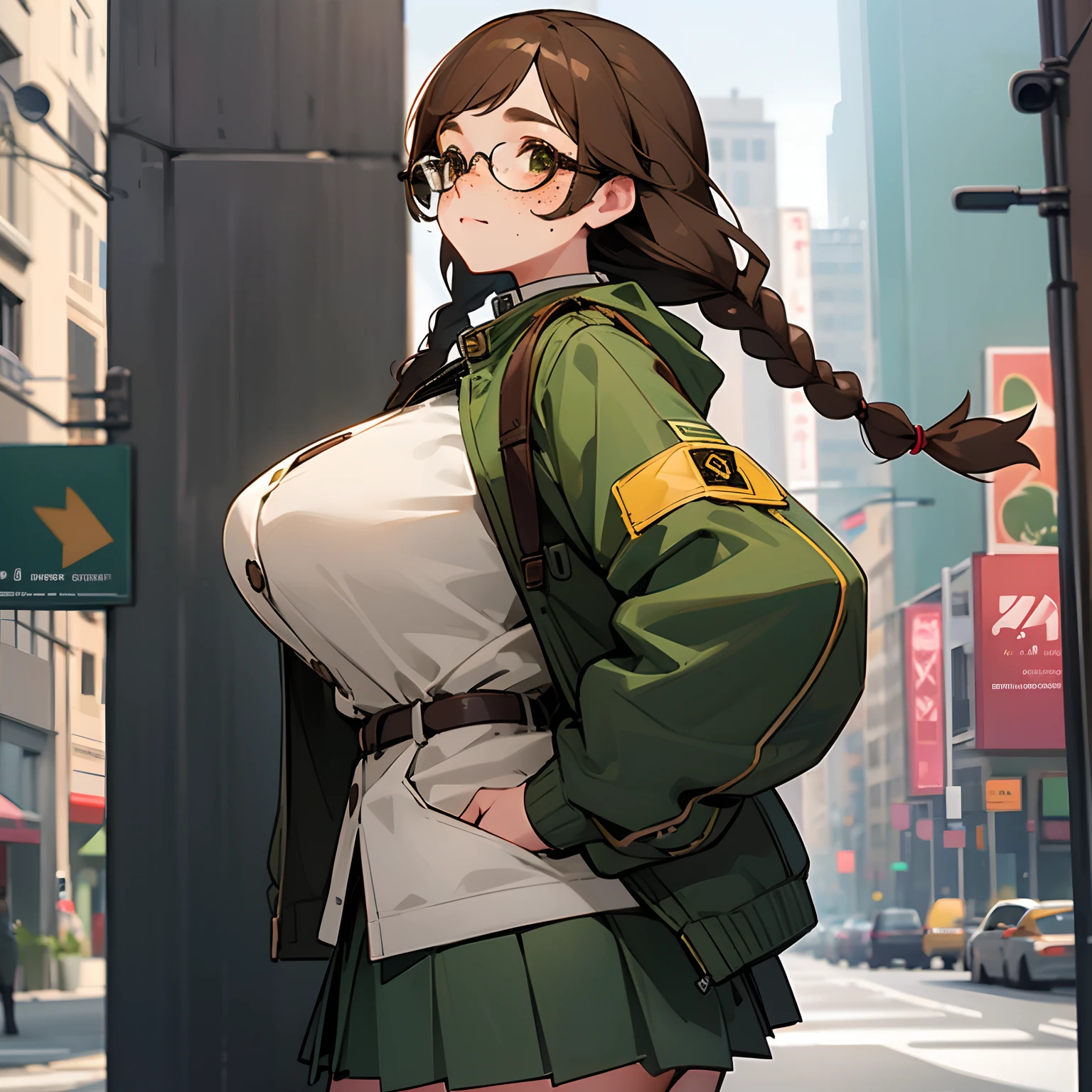 1girl, detailed face, detailed eyes, brown hair, twin braids, brown eyes, glasses, (freckles;1.5), huge breasts, green jacket, miniskirt, outdoors, city