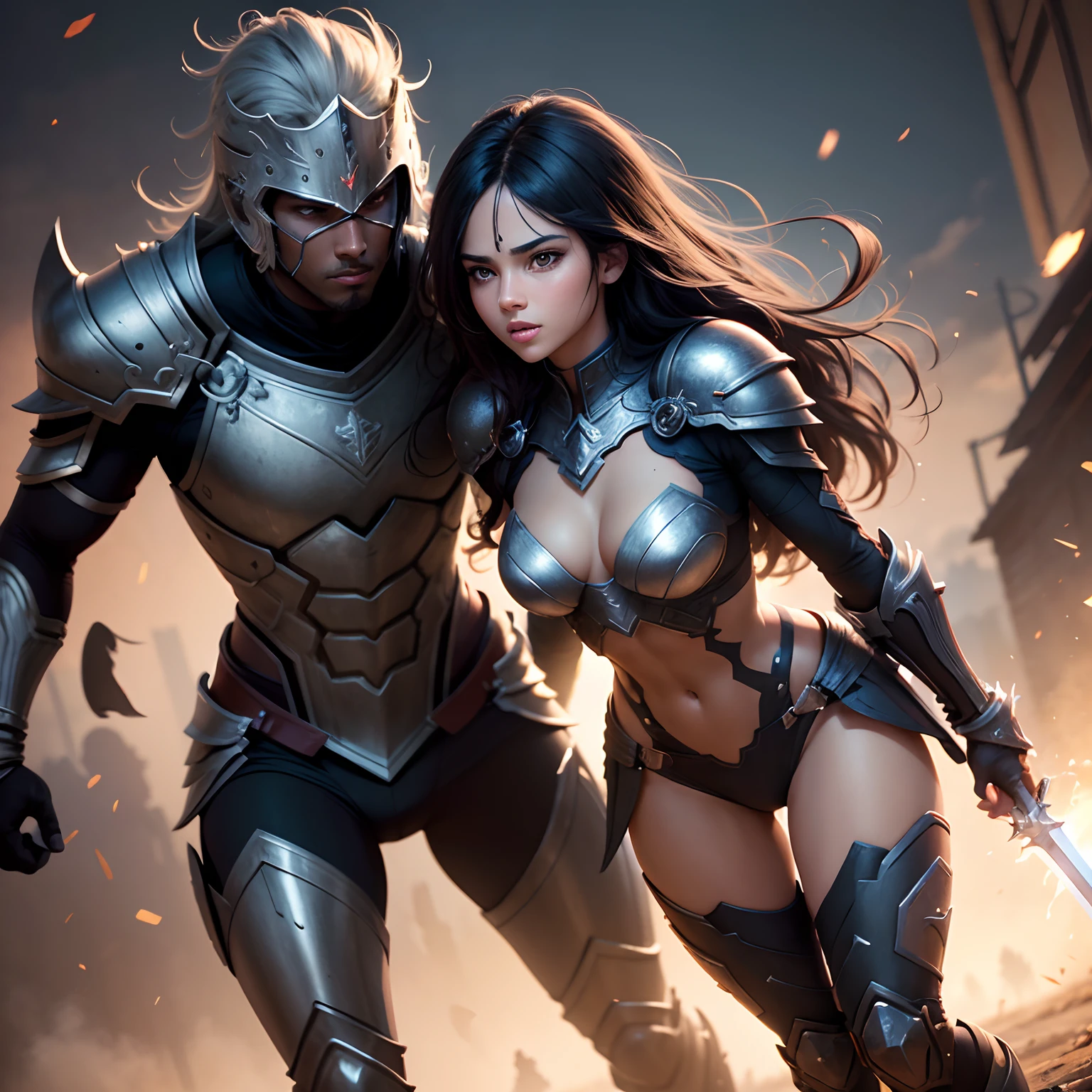 Black dark-skinned Teenage Centurion warriors,  red and grey armor, male and female working together, man and woman side by side, pretty face, clean face, highly detailed face, happy, female warrior, hyper detailed, 8k, unreal engine 5, celebrating, Full body Beautiful anime style girl, clean detailed faces, intracate clothing, analogous colors, glowing shadows, beautiful gradient, depth of field, clean image, football field setting, high quality, high detail, high definition, Luminous Studio graphics engine, cute face, heroic, sword, victory, Full body, Extremely Detailed face, eyes bright, beautiful girl, fantasy, Complimentary-Colors, insanely detailed and intricate, hyper realistic, super detailed, ultra hd, vivid, low angle