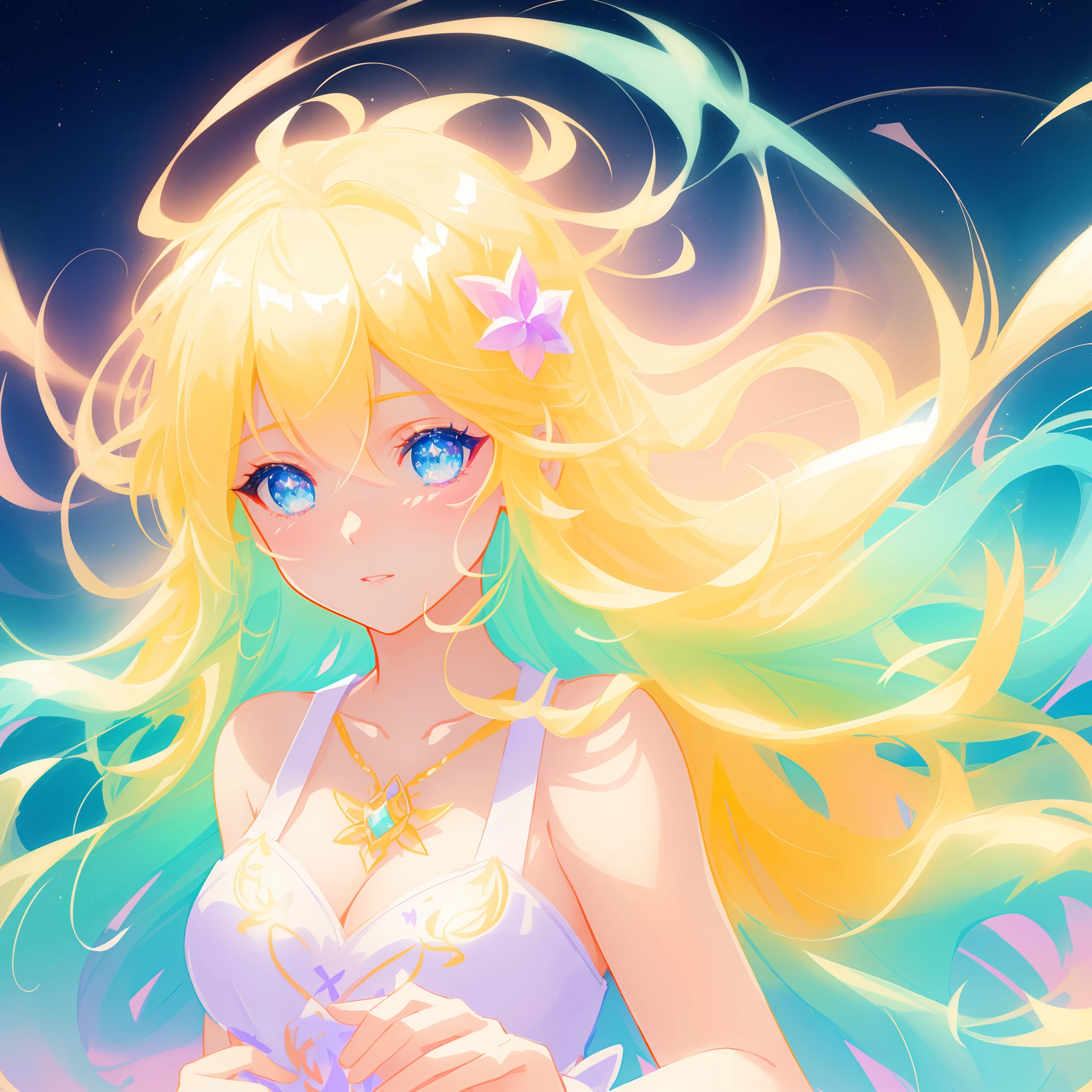 beautiful girl, simple white dress, vibrant pastel colors, (colorful), magical lights, long flowing golden hair, inspired by Glen Keane, inspired by Lois van Baarle, disney art style, by Lois van Baarle, glowing aura around her, by Glen Keane, jen bartel, glowing lights! digital painting, flowing glowing hair, glowing flowing hair, beautiful digital illustration, fantasia background, whimsical, magical, fantasy, beautiful face, ((masterpiece, best quality)), intricate details, highly detailed, sharp focus, 8k resolution, sparkling detailed eyes, liquid watercolor