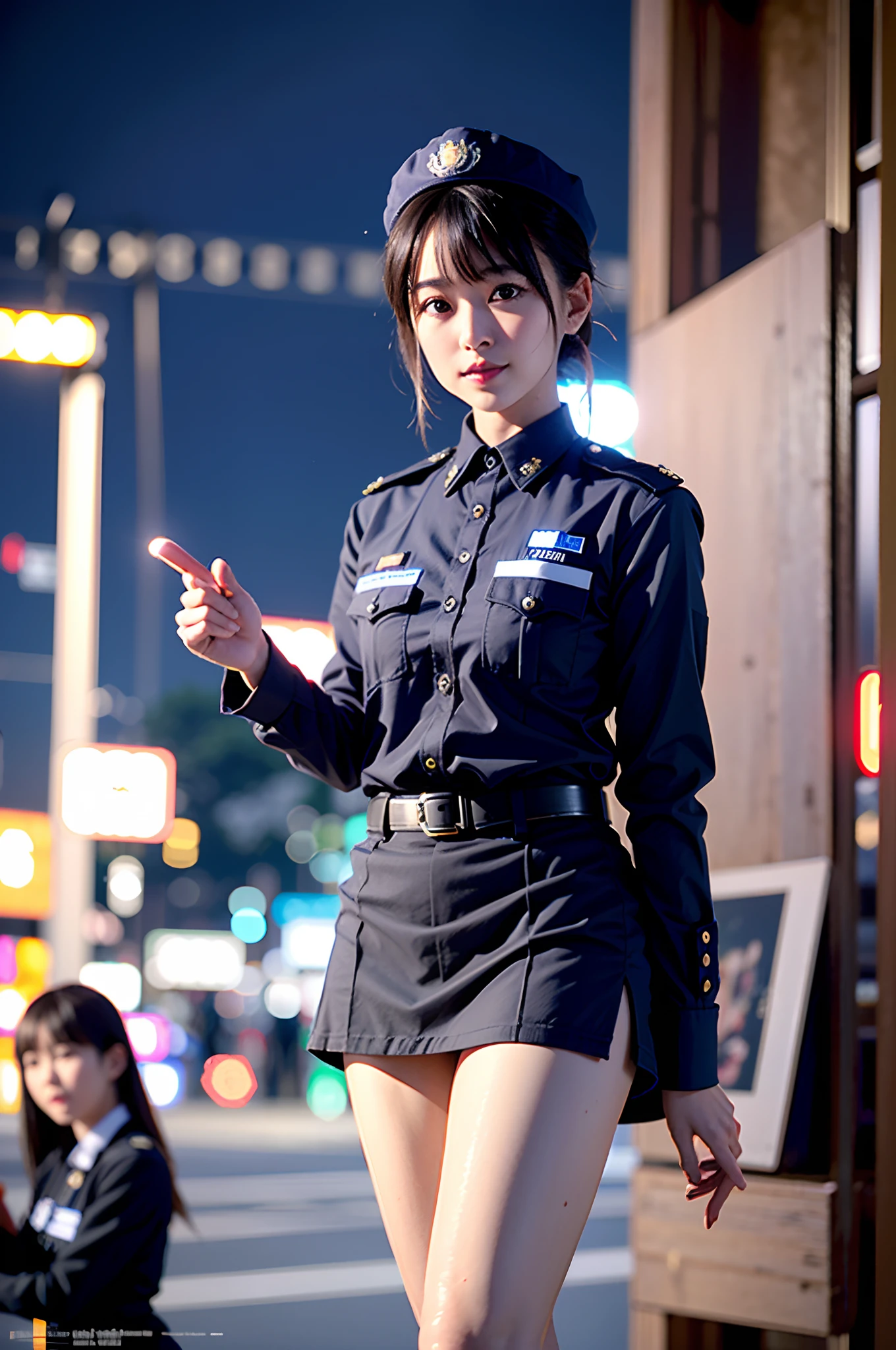 ​masterpiece, top-quality、Raw foto, Photorealsitic、2 Maidens、a 25yo woman、Walking in Shibuya for two、Halloween、(Policewoman uniform:1.3)、Shortcut Bob、a miniskirt、A smile、People around you々The costume、Smaller chest、Small butt、Reflecting the whole body、unbelievable Ridiculous、depth of fields, hight resolution, ultra-detailliert, foco nítido, Cinematic lighting、Add highlights to the eyes