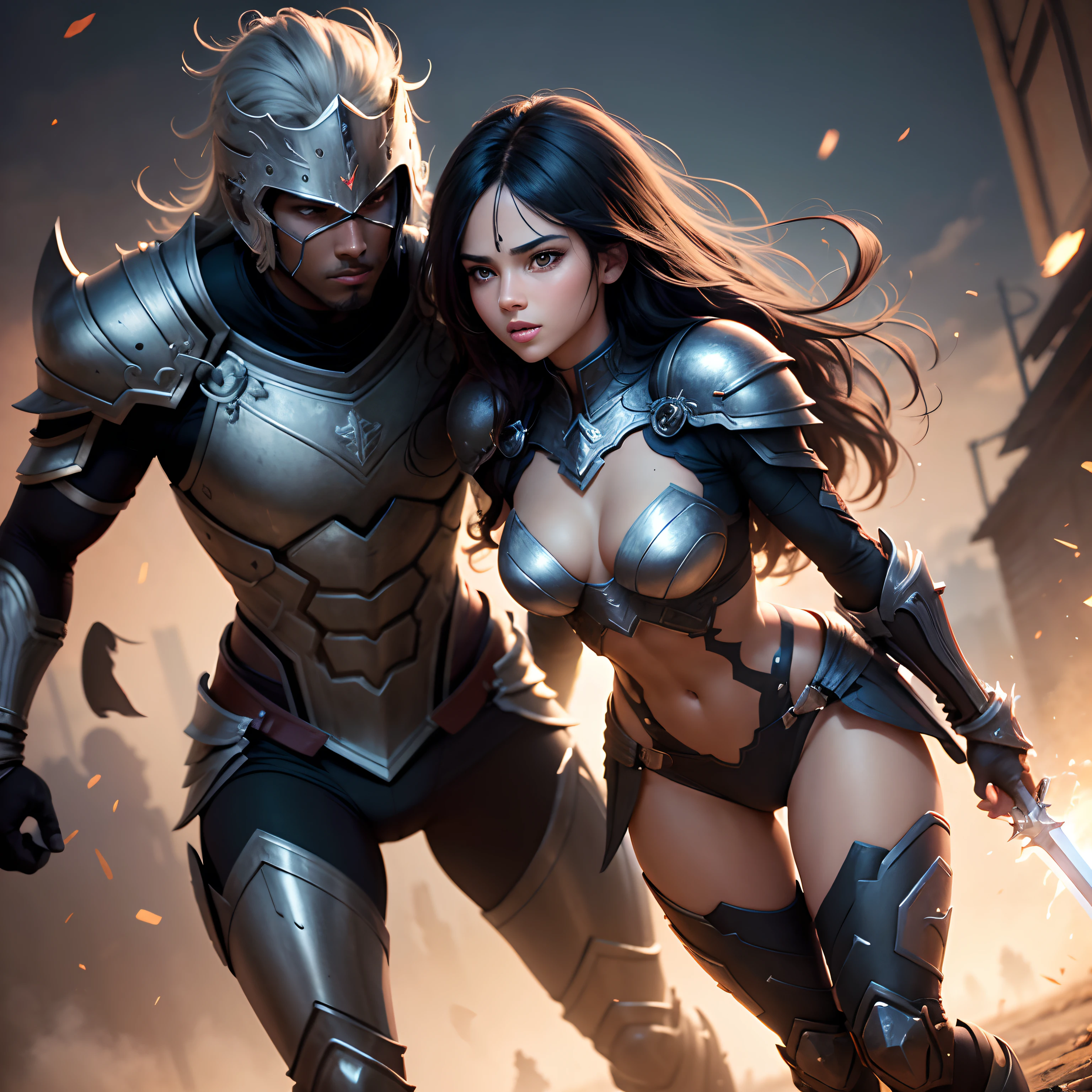 Black dark-skinned Teenage Centurion warriors, red and grey armor, male and female working together, man and woman side by side, pretty face, clean face, highly detailed face, happy, female warrior, hyper detailed, 8k, unreal engine 5, celebrating, Full body Beautiful anime style girl, clean detailed faces, intracate clothing, analogous colors, glowing shadows, beautiful gradient, depth of field, clean image, football field setting, high quality, high detail, high definition, Luminous Studio graphics engine, cute face, heroic, sword, victory, Full body, Extremely Detailed face, eyes bright, beautiful girl, fantasy, Complimentary-Colors, insanely detailed and intricate, hyper realistic, super detailed, ultra hd, vivid, low angle