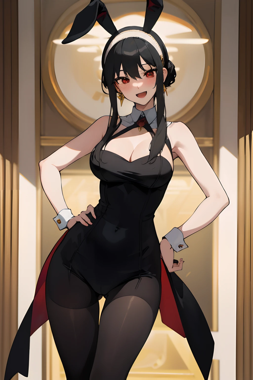 masterpiece, best quality, highres, bbyorf, short hair with long locks, white hairband, red eyes, gold earrings, large breasts, jewelry, casino, standing cowboy shot, smile, open mouth, hand on hip, bunny suit, bunny ears, leaned forward, cleavage, blush, sleeveless, tights, black hair