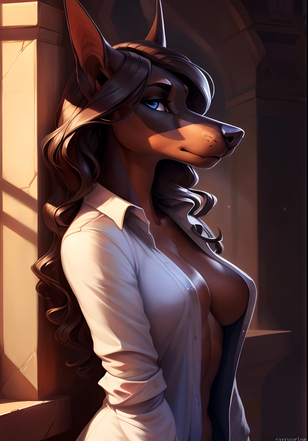 uploaded on e621, by Pixelsketcher, by Bayard Wu, by Thomas Benjamin Kennington , by Einshelm, solo anthro, ((face portrait)), BREAK, ((wear unbuttoned shirt)), (detailed Bonifasko lighting), (detailed fur), (detailed skin), BREAK, ((wear unbuttoned shirt)), ((wavy hair)), ((facing viewer )), (cinematic lighting), ((detailed background)), ((face view)), (((portrait view))), (half shadow), [backlighting], [crepuscular ray], [detailed ambient light], [gray natural lighting], [ambient light], (higher wildlife feral detail), [explict content], [sharp focus], (questionable content), (shaded), ((masterpiece), wavy hair, big hips, medium featureless breasts, breasts, furry doberman, doberman face, Furry Fantasy Art, Anthro Art, Commission for High Res, Furry Art, furry Art,Sakimichan beautiful, masterpiece, medium featureless breasts, best quality, detailed image, bright colors, detailed face, perfect lighting, perfect shadows, perfect eyes, girl focus, doberman eyes, flawless face, big featureless breasts, gorgeous, shiny face, face focus, doberman ears, doberman girl, fluffy, fluffy woman, face fur, animal nose, muzzle, two-tone fur, gaze at the viewer, half-closed eyes, 1girl, solo, full face only, (masterpiece), (best quality), (illustration), (cinematic lighting), wavy hair, detailed fur, balanced coloring, global illumination, ray tracing, good lighting, doberman, furry, anthro, showing featureless breasts, cleavage, attractive face, sexy face, looking at viewer, seductive look, SFW