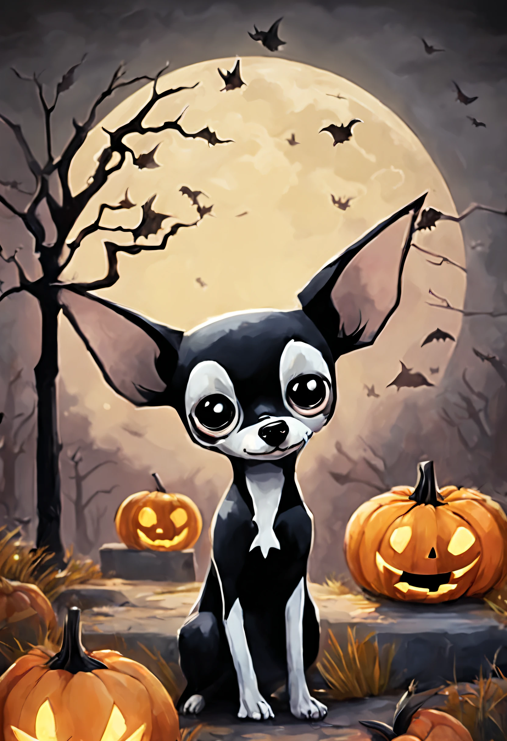 (((Anna Maria Świetlik-Horodecka kawaii oil style))),((pastel light colors)), beautiful dressed as jack skellington costume kawaii totally black chihuahua skinny dog using a Jack Skellington costume, in a cemetery, at night, full moon, fog, several flying chibi ghosts in the background, Halloween sceen, Halloween ports, pumpkins, pumpkin lanterns, candles, bats, Halloween atmosphere, style of watercolour, tetradic colors, 3D vector art, cute and quirky, fantasy art, watercolor effect, bokeh, hand-drawn, digital painting, low-poly, soft lighting, bird's-eye view, isometric style, retro aesthetic, focusedon the character, 8K resolution, photorealistic rendering, usingCinema 4D,highly detailed, professional light