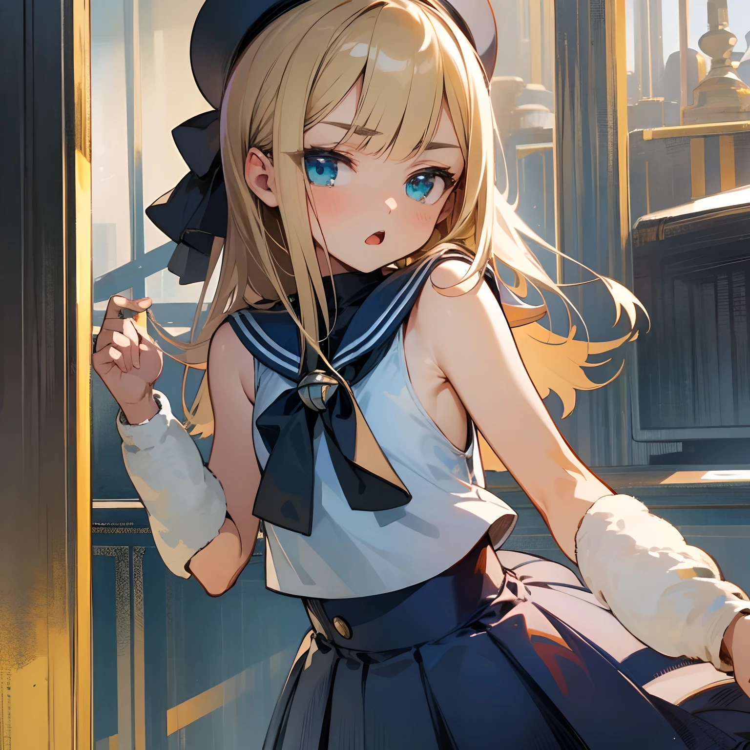 Reines, 1girl, high quality, best quality, illustration, masterpiece, (highly detailed:1.2), (extremely detailed:1.3), flat chest, bare shoulders, young girl, sailor uniform, summer, sleeveless, sailor dress, loli