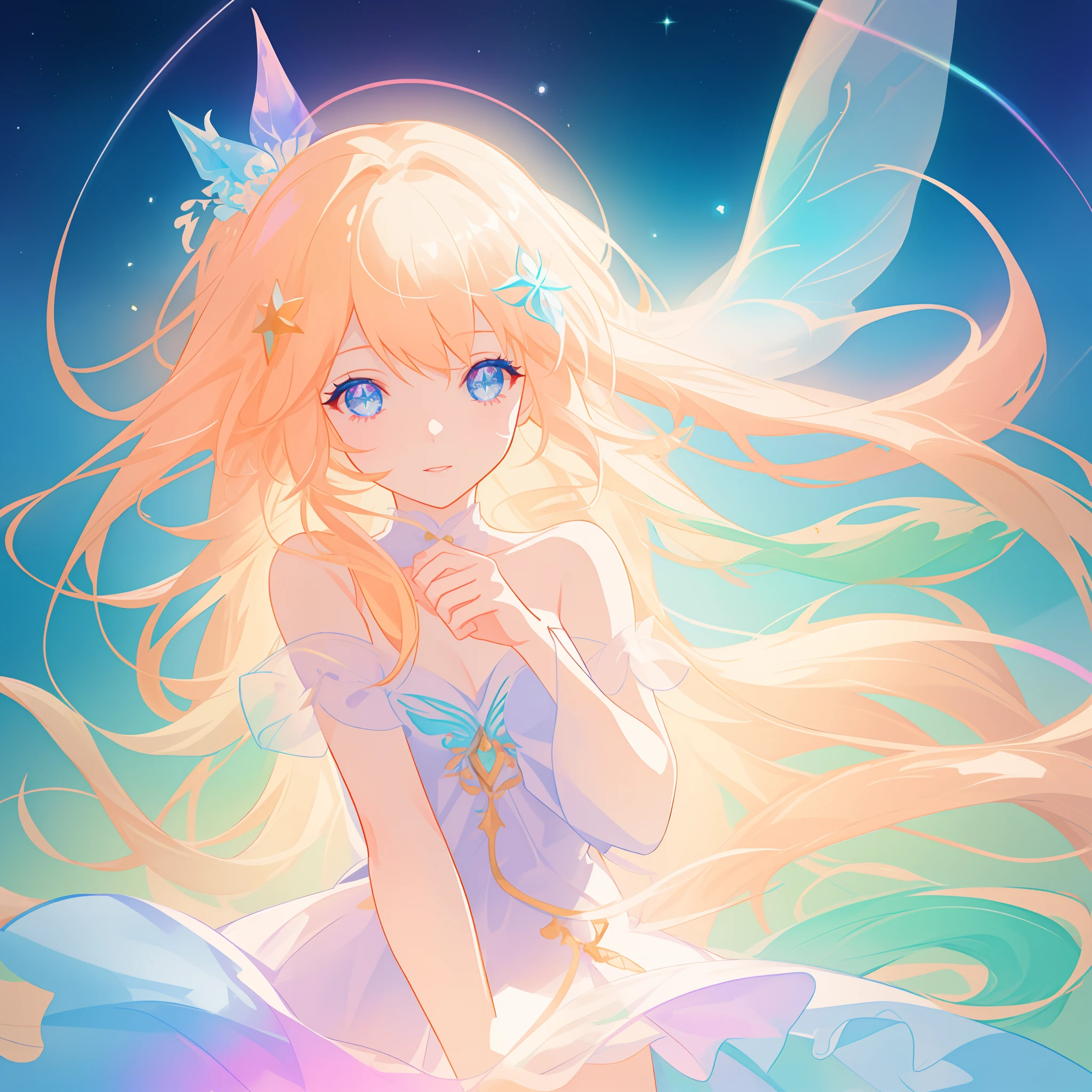 beautiful girl, simple white dress, vibrant pastel colors, (colorful), magical lights, long flowing golden hair, inspired by Glen Keane, inspired by Lois van Baarle, disney art style, by Lois van Baarle, glowing aura around her, by Glen Keane, jen bartel, glowing lights! digital painting, flowing glowing hair, glowing flowing hair, beautiful digital illustration, fantasia background, whimsical, magical, fantasy, beautiful face, ((masterpiece, best quality)), intricate details, highly detailed, sharp focus, 8k resolution, sparkling detailed eyes, liquid watercolor