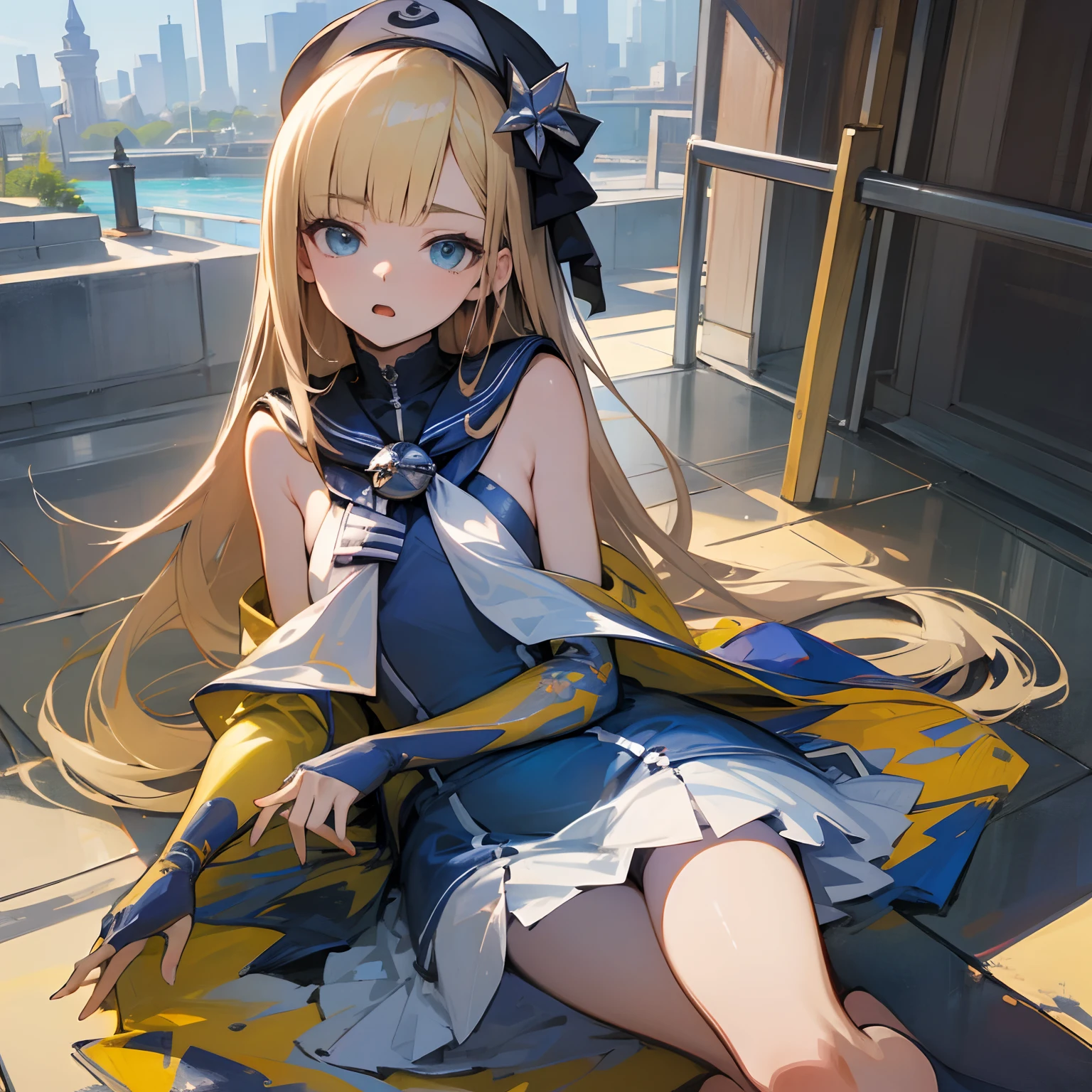 Reines, 1girl, high quality, best quality, illustration, masterpiece, (highly detailed:1.2), (extremely detailed:1.3), flat chest, bare shoulders, young girl, sailor uniform, summer, sleeveless, sailor dress,