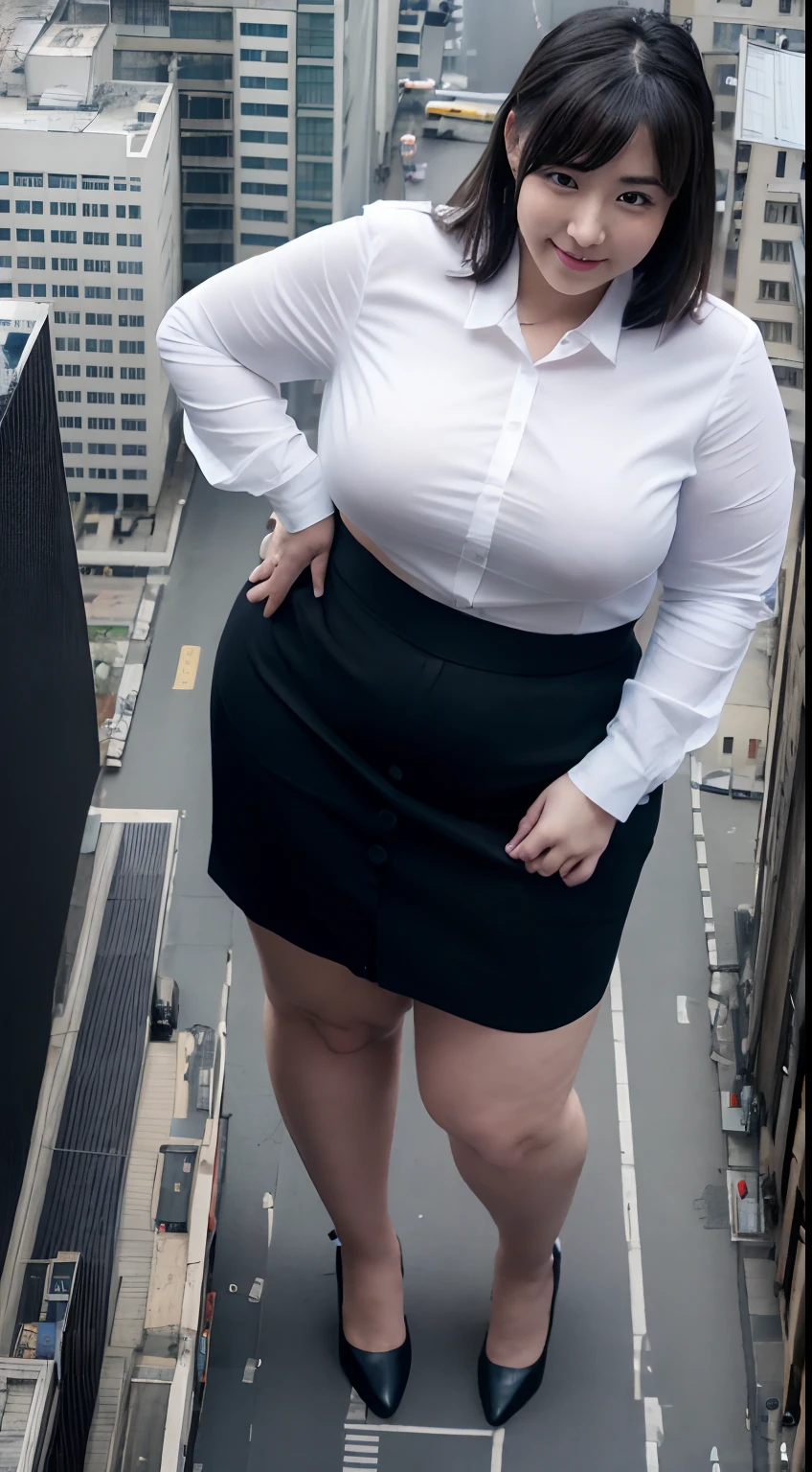 der riese、Giant、Woman taller than the building、Realistic、Writing,white shirt、Collared shirt、wearing a shirts、White cutter shirt、Shirt buttons are snapped、a black skirt、Office Suits、professional photograpy、Does not expose the skin, Japanese Models,、,The skin is not exposed、fleshy body, large boob、 hard 、、big butts、Big belly、thick thight、thick arms、Round face、Fat face、chubby cheeks、Sauce order、big eye、A dark-haired、short-haired、Aerial view、tokyo prefecture、