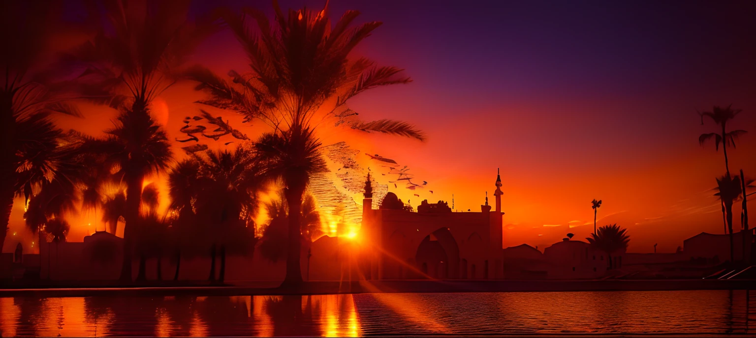 there is a picture of a sunset with palm trees in the foreground, during sunset, at sunrise, egypt, at twilight, dusk setting, during a sunset, mystical setting, by Robert Zünd, moroccan mosque, during dawn, with sunset, photo taken at night, by Ahmed Yacoubi, moody setting, taken at golden hour, at dusk, edited