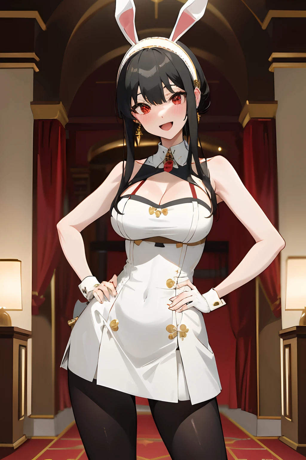 masterpiece, best quality, highres, bbyorf, short hair with long locks, white hairband, red eyes, gold earrings, large breasts, jewelry, casino, standing cowboy shot, smile, open mouth, hand on hip, bunny suit, bunny ears, leaned forward, cleavage, blush, sleeveless, tights, black hair