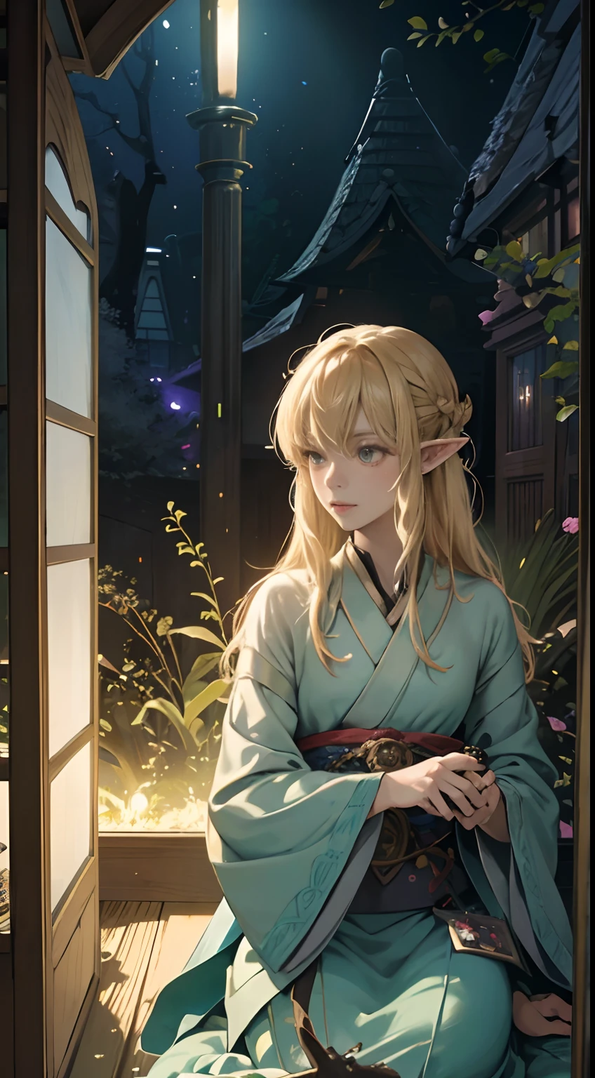 Arthur Rackham, Anne Anderson, Katsuhiro Otomo, Surreal Mysterious Strange Fantastic Fantasy Sci-Fi, Japanese Anime, Blonde Beautiful Girl Alice, Fairies Pixie Elf Goblin Dwarf Dragon Dryad Brownie Nymph Gnome Titania, Big Night Party, Fun, Palace court, detailed masterpiece, high resolution definition quality, depth of field, cinematic lighting