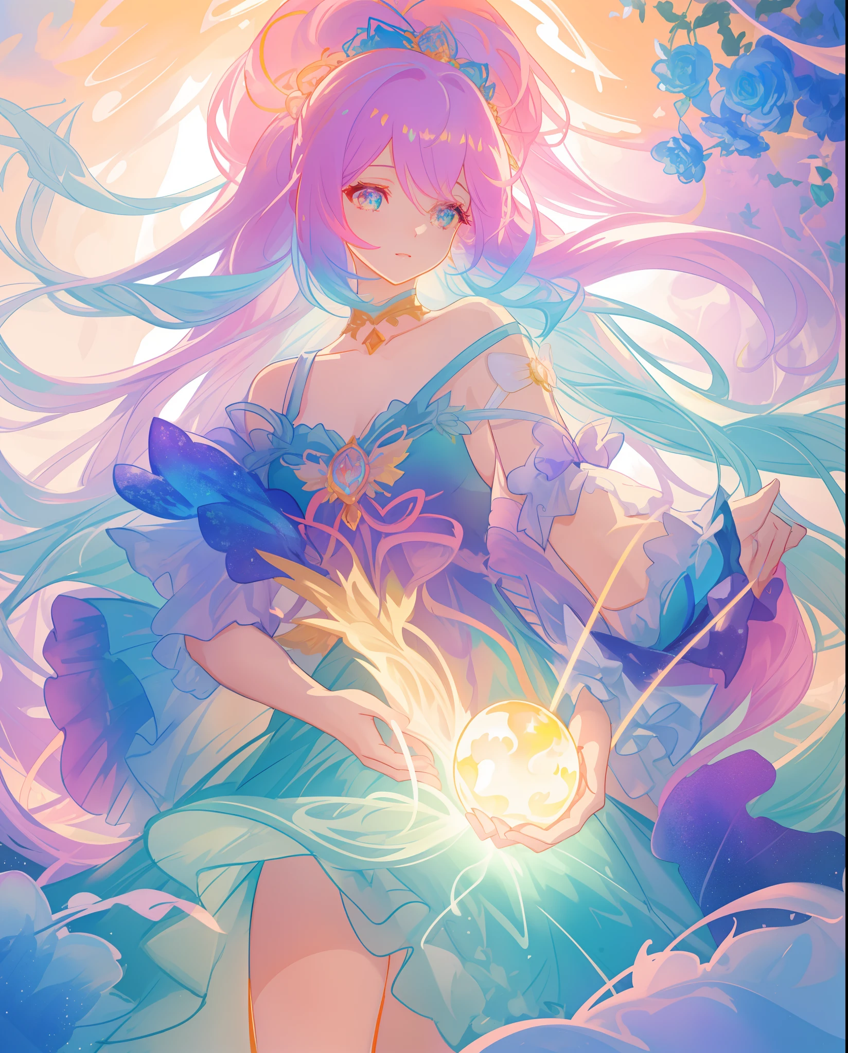 beautiful girl, beautiful layered fantasy ballgown, flowers in her hair, vibrant pastel colors, (colorful), magical lights, long flowing colorful hair, inspired by Glen Keane, inspired by Lois van Baarle, disney art style, by Lois van Baarle, glowing aura around her, by Glen Keane, jen bartel, glowing lights! digital painting, flowing glowing hair, glowing flowing hair, beautiful digital illustration, fantasia background, whimsical, magical, fantasy, beautiful face, ((masterpiece, best quality)), intricate details, highly detailed, sharp focus, 8k resolution, sparkling detailed eyes, liquid watercolor