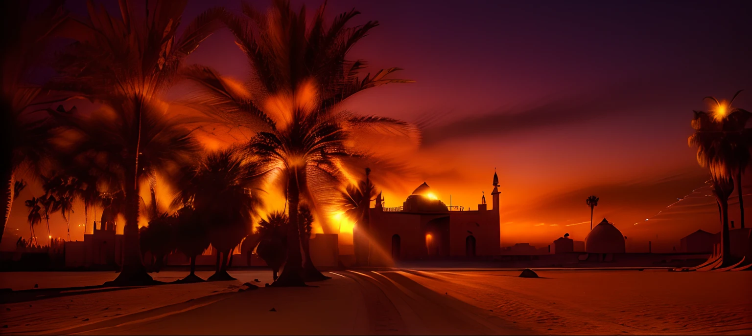 there is a picture of a sunset with palm trees in the foreground, during sunset, at sunrise, egypt, at twilight, dusk setting, during a sunset, mystical setting, by Robert Zünd, moroccan mosque, during dawn, with sunset, photo taken at night, by Ahmed Yacoubi, moody setting, taken at golden hour, at dusk, edited