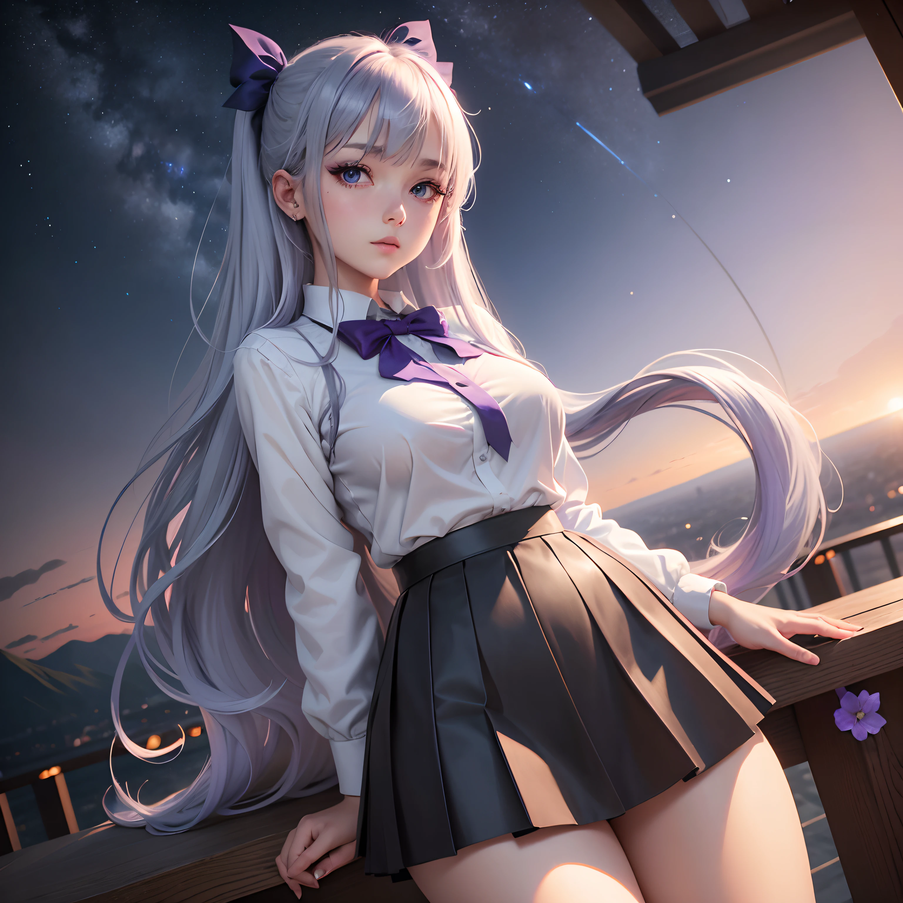 Best quality, Masterpiece,, illustration, the wallpaper,1girll, Solo, school uniform, White shirt, Black skirt, light colors hair, semi long hair, Beautiful detailed girl, Extremely detailed eyes and face, Beautiful detailed eyes, Shy, Natural_lighting, Glow,NSFW, Clean sky, view the viewer, Outdoors, Night sky, Star (sky), Loafer shoes, Black pantyhose, blue bowtie, Straight hair, Purple petals, Purple and blue flowers, Red pupil, pony tails, Blue ribbon,White hair, Thick_Thighs, Large breasts, Red eyes,