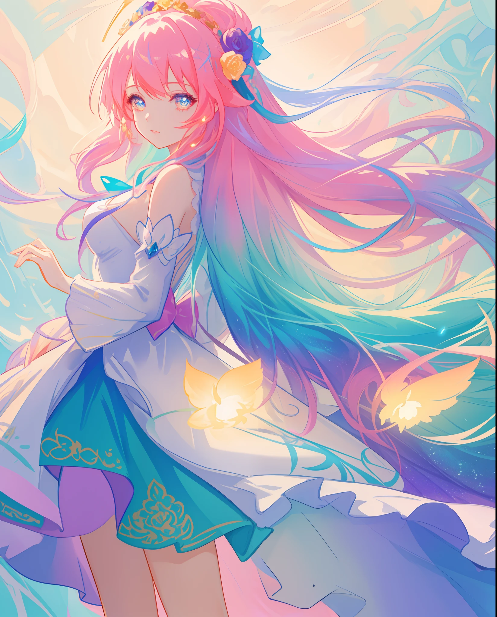 beautiful girl, beautiful layered fantasy ballgown, flowers in her hair, vibrant pastel colors, (colorful), magical lights, long flowing colorful hair, inspired by Glen Keane, inspired by Lois van Baarle, disney art style, by Lois van Baarle, glowing aura around her, by Glen Keane, jen bartel, glowing lights! digital painting, flowing glowing hair, glowing flowing hair, beautiful digital illustration, fantasia background, whimsical, magical, fantasy, beautiful face, ((masterpiece, best quality)), intricate details, highly detailed, sharp focus, 8k resolution, sparkling detailed eyes, liquid watercolor