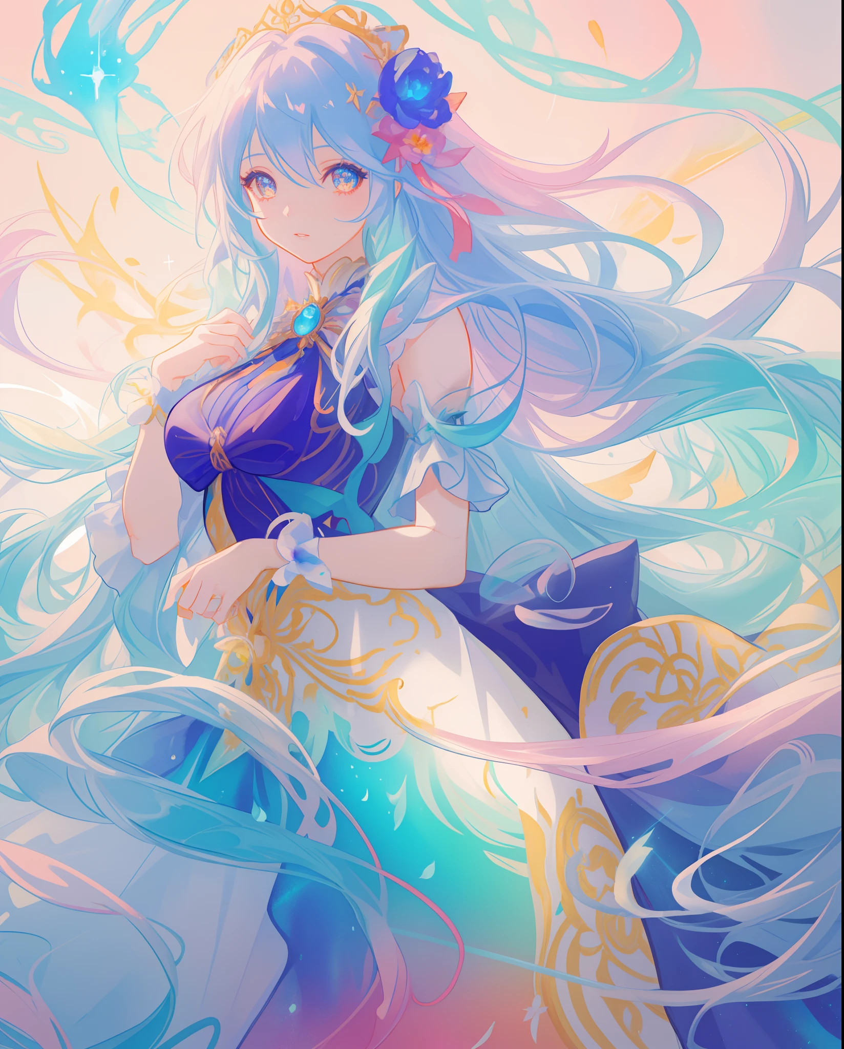 beautiful girl, beautiful layered fantasy ballgown, flowers in her hair, vibrant pastel colors, (colorful), magical lights, long flowing colorful hair, inspired by Glen Keane, inspired by Lois van Baarle, disney art style, by Lois van Baarle, glowing aura around her, by Glen Keane, jen bartel, glowing lights! digital painting, flowing glowing hair, glowing flowing hair, beautiful digital illustration, fantasia background, whimsical, magical, fantasy, beautiful face, ((masterpiece, best quality)), intricate details, highly detailed, sharp focus, 8k resolution, sparkling detailed eyes, liquid watercolor