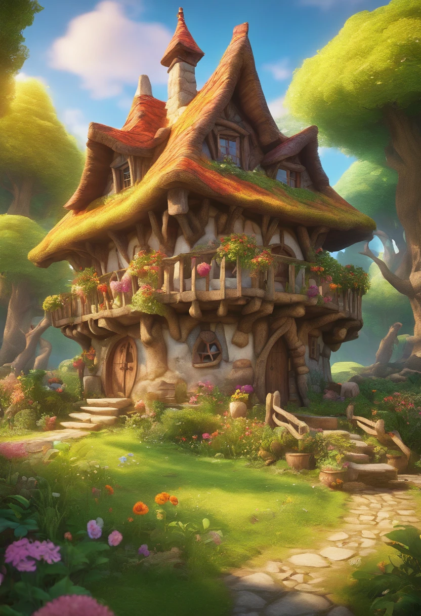 (Mysterious fantasy forest:1.5)，A hobbit cabin, It is vividly depicted in the work (Best quality, 8K, Advanced resolution, Masterpiece: 1.2), With ultra-detailed detail， (1.4x realism, Photorealistic: 1.37). This fantasy forest is made up of bright colors，Dense trees，A strange and cute little tree，bathed in the warm glow of the sun, Create a cheerful and whimsical atmosphere. The house has been designed with great attention to detail, With a complex design and unique architecture, Similar to a mushroom-shaped house。 (This fantasy forest is surrounded by lush greenery and colorful flowers), Elevate a captivating and magical environment。 The artwork showcases an illustrative style, Inspired by children's book illustrations, Ensures a glamorous and nostalgic touch. The color palette consists of vibrant rainbow colors, Seven colors，Evoke feelings of joy and playfulness. Lighting accentuates the picturesque scene, Soft and warm shadows are created that add depth and warmth to the artwork. Every detail is impeccablely presented, creating a visually stunning masterpiece，Capture the essence of the Hobbit Cabin in the Fantasy Forest.