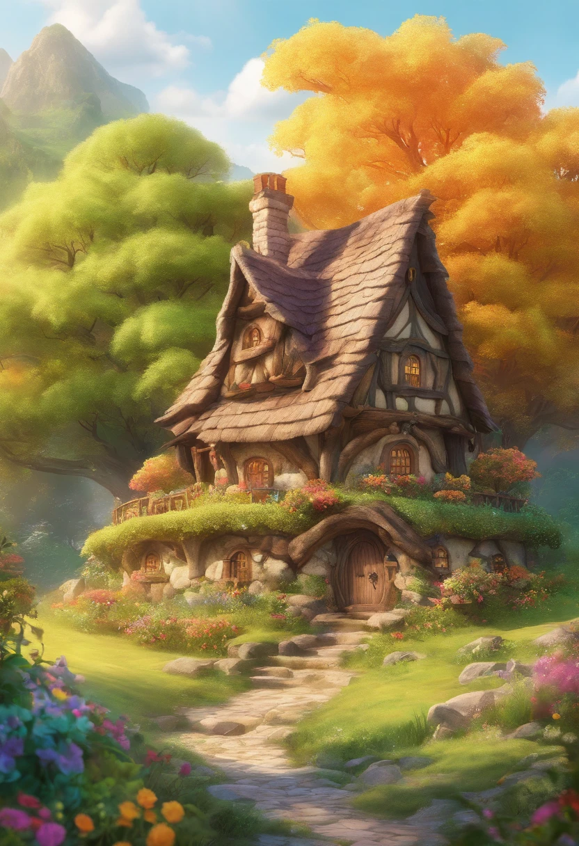 (Mysterious fantasy forest:1.5)，A hobbit cabin, It is vividly depicted in the work (Best quality, 8K, Advanced resolution, Masterpiece: 1.2), With ultra-detailed detail， (1.4x realism, Photorealistic: 1.37). This fantasy forest is made up of bright colors，Dense trees，A strange and cute little tree，bathed in the warm glow of the sun, Create a cheerful and whimsical atmosphere. The house has been designed with great attention to detail, With a complex design and unique architecture, Similar to a mushroom-shaped house。 (This fantasy forest is surrounded by lush greenery and colorful flowers), Elevate a captivating and magical environment。 The artwork showcases an illustrative style, Inspired by children's book illustrations, Ensures a glamorous and nostalgic touch. The color palette consists of vibrant rainbow colors, Seven colors，Evoke feelings of joy and playfulness. Lighting accentuates the picturesque scene, Soft and warm shadows are created that add depth and warmth to the artwork. Every detail is impeccablely presented, creating a visually stunning masterpiece，Capture the essence of the Hobbit Cabin in the Fantasy Forest.