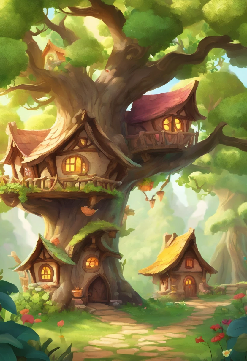(Mysterious fantasy forest:1.5),A hobbit cabin, It is vividly depicted in the work (Best quality, 8K, Advanced resolution, Masterpiece: 1.2), With ultra-detailed detail, (1.4x realism, Photorealistic: 1.37). This fantasy forest is made up of bright colors,Dense trees,A strange and cute little tree,bathed in the warm glow of the sun, Create a cheerful and whimsical atmosphere. The house has been designed with great attention to detail, With a complex design and unique architecture, Similar to a mushroom-shaped house。 (This fantasy forest is surrounded by lush greenery and colorful flowers), Elevate a captivating and magical environment。 The artwork showcases an illustrative style, Inspired by children's book illustrations, Ensures a glamorous and nostalgic touch. The color palette consists of vibrant rainbow colors, Seven colors,Evoke feelings of joy and playfulness. Lighting accentuates the picturesque scene, Soft and warm shadows are created that add depth and warmth to the artwork. Every detail is impeccablely presented, creating a visually stunning masterpiece,Capture the essence of the Hobbit Cabin in the Fantasy Forest.
