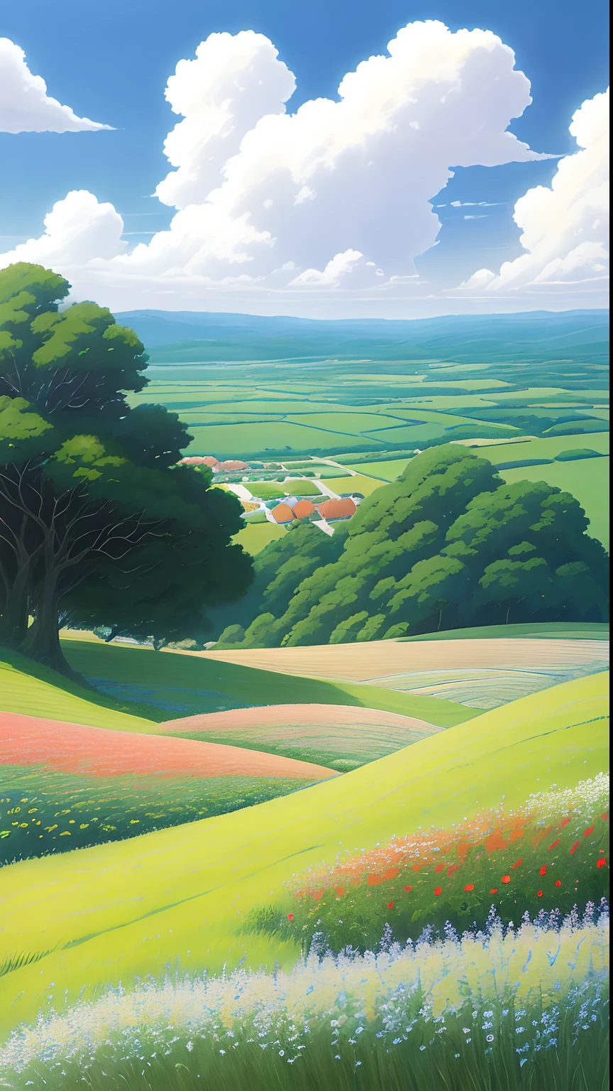 Realistic, authentic, beautiful and amazing landscape oil painting Studio Ghibli Hayao Miyazaki's petal grassland with blue sky and white clouds , summer flowers harvest --v6
