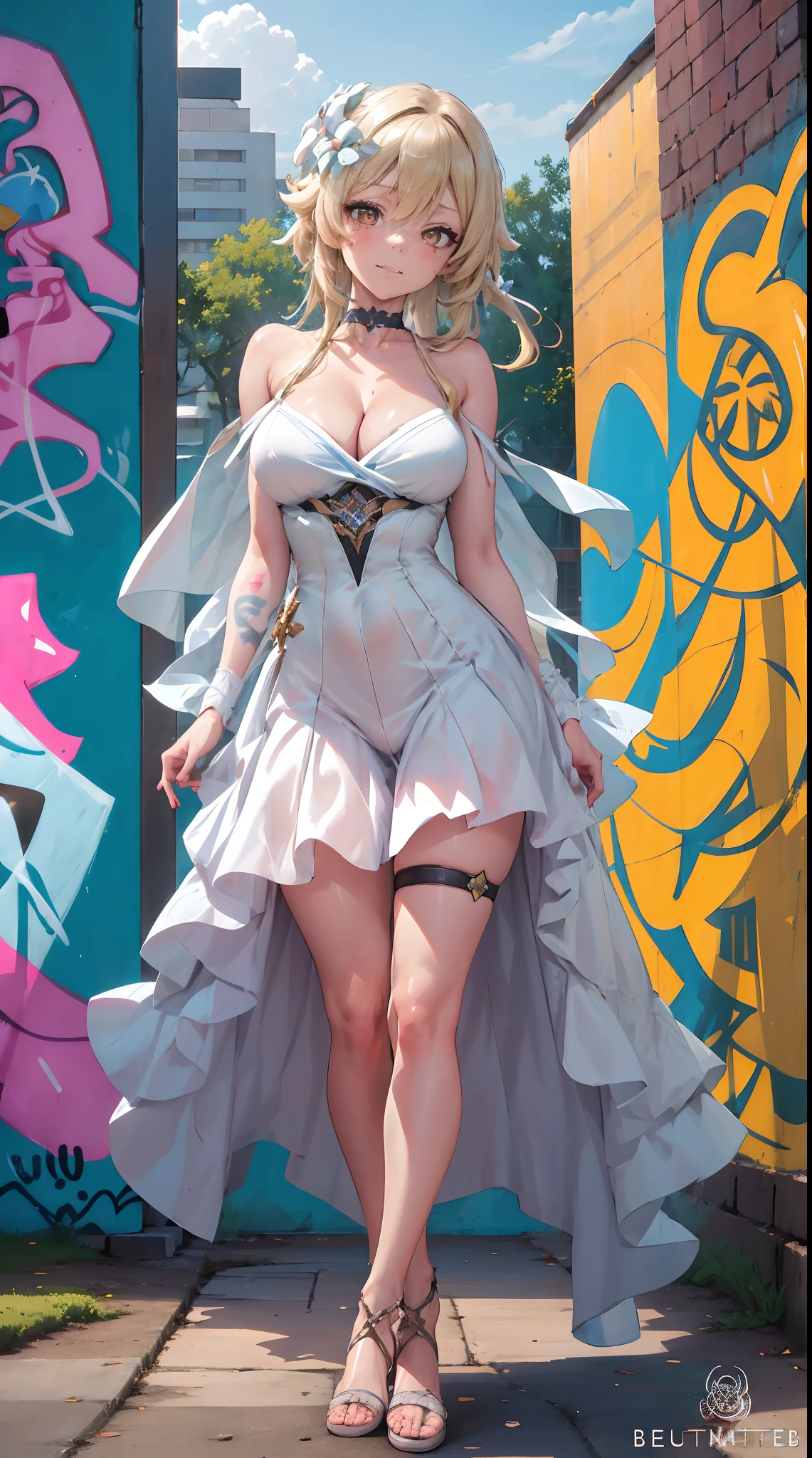 Lumine | genshin impact, master-piece, bestquality, 1girls,25 years old, proportional body, proportional., Wedding Dresses, White Wedding Dress, wedding,Long skirt, mediuml breasts, ,bara, choker, (Graffiti:1.5), Splash with purple lightning pattern., arm behind back, against wall, View viewers from the front., Thigh strap, Head tilt, bored, 10, 10, HD, slight smile,