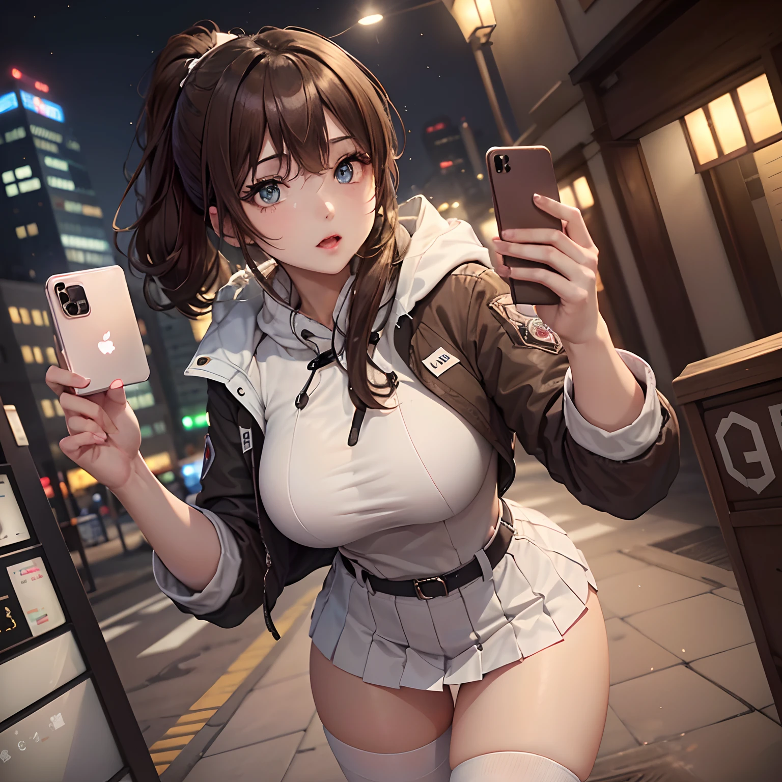 masuter piece, Best Quality, 8K Wallpapers, (beautidful eyes), ((Beautiful)), (lovely), ,(((1girl in))),23years old,((Drop your phone、Smartphone in the air))、(Inside the city、Running)、(White skirt、parka)（Brown Hair Ponytail）