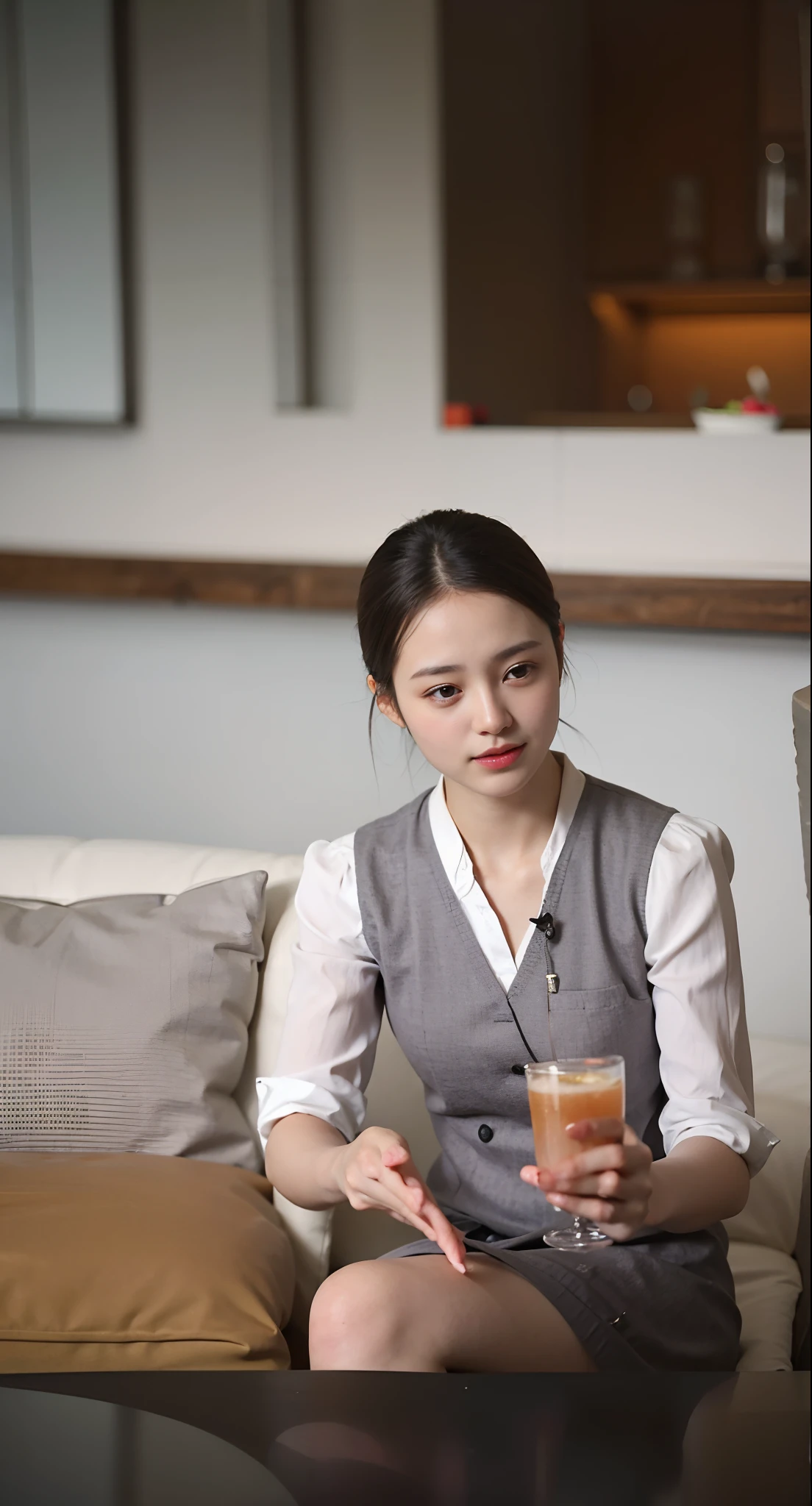 A Chinese customer service woman sitting on a sofa, holding a glass of drink, texting on WeChat, with a beautiful sunset in the background. (Waitress) Feminine voice, creating a warm and cheerful atmosphere. The room is filled with the soft morning light and the gentle evening sunlight. The scene feels like a vintage advertisement photo, capturing the essence of a summer evening. The artwork depicts a classic portrait of the woman, showcasing her genuine personality. The colors are vibrant, reflecting the hues of the early morning and the cheerful atmosphere of a brand new day. The painting skillfully captures the tranquility of the morning and the enchanting beauty of the evening. Chen Lulu, the customer service representative, is portrayed in a candid and natural way. The artwork evokes a sense of serenity and calmness, perfect for an early morning or a peaceful evening. The painting has a touch of fanart essence, adding a unique and personal touch to the artwork.