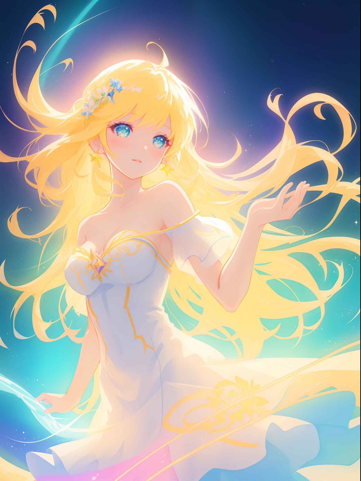 beautiful girl, simple white dress, vibrant pastel colors, (colorful), magical lights, long flowing golden hair, inspired by Glen Keane, inspired by Lois van Baarle, disney art style, by Lois van Baarle, glowing aura around her, by Glen Keane, jen bartel, glowing lights! digital painting, flowing glowing hair, glowing flowing hair, beautiful digital illustration, fantasia background, whimsical, magical, fantasy, beautiful face, ((masterpiece, best quality)), intricate details, highly detailed, sharp focus, 8k resolution, sparkling detailed eyes, liquid watercolor