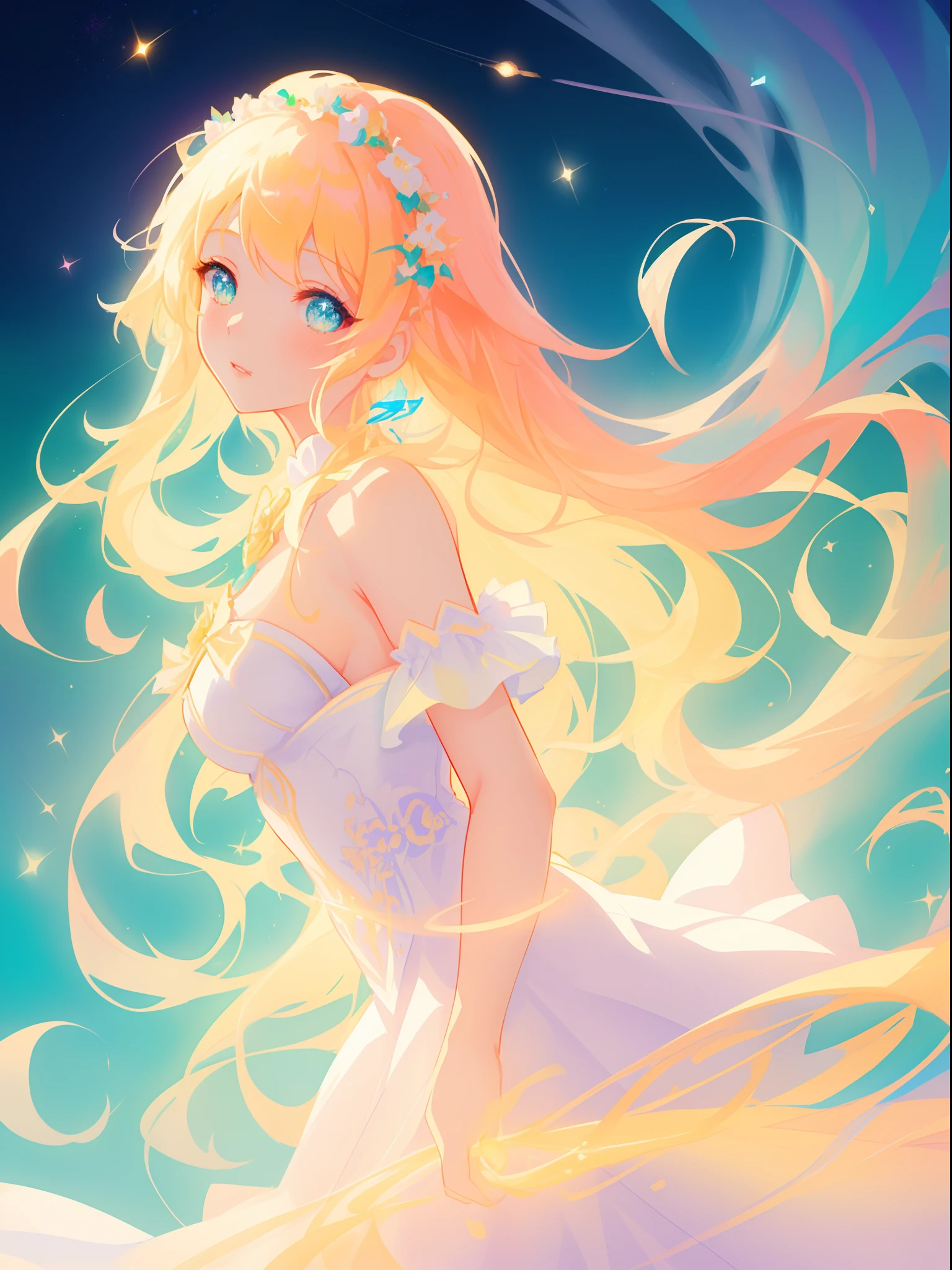 beautiful  girl, simple white dress, vibrant pastel colors, (colorful), magical lights, long flowing golden hair, inspired by Glen Keane, inspired by Lois van Baarle, disney art style, by Lois van Baarle, glowing aura around her, by Glen Keane, jen bartel, glowing lights! digital painting, flowing glowing hair, glowing flowing hair, beautiful digital illustration, fantasia background, whimsical, magical, fantasy, beautiful face, ((masterpiece, best quality)), intricate details, highly detailed, sharp focus, 8k resolution, sparkling detailed eyes, liquid watercolor