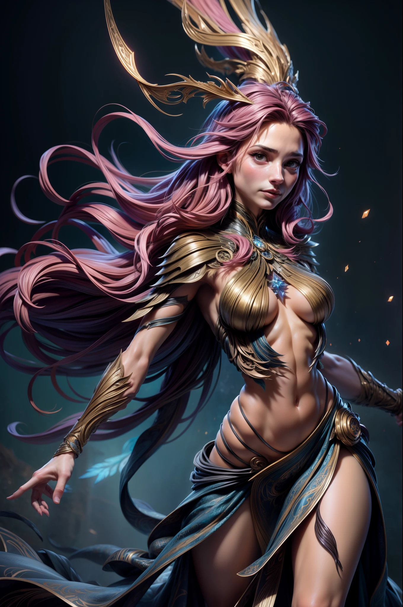 (Alicia Vikander:Elsa pataky), powerful sorceress,tribal tattoo, messy hair, Full body, Beautiful anime waifu style girl,hyperdetailed painting, luminism, art by Carne Griffiths and Wadim Kashin concept art, dark background, abstract beauty, approaching perfection, pure form, golden ratio, minimalistic, dark atmosphere, unfinished, concept art, by Brian Froud and Carne Griffiths and Wadim Kashin and John William Waterhouse, intricate details, 8k post production, high resolution, hyperdetailed, trending on artstation, sharp focus, studio photo, intricate details, highly detailed, by greg rutkowski
