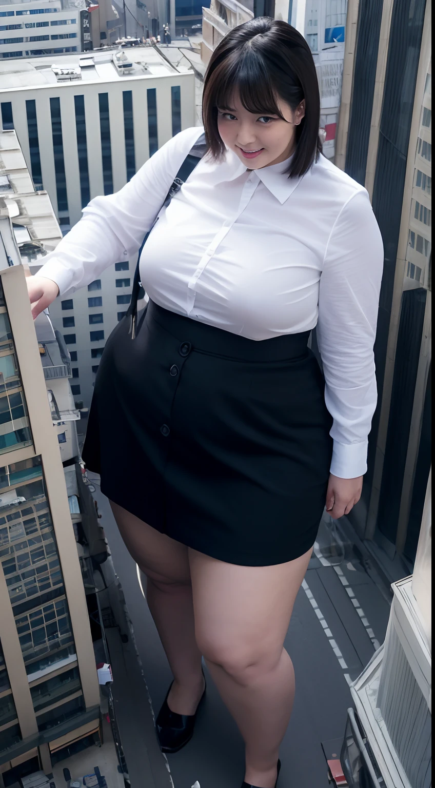 der riese、Giant、Woman taller than the building、Realistic、Writing,white  shirt、Collared shirt、wearing a shirts、White cutter shirt、Shirt buttons are snapped、a black skirt、Office Suits、professional photograpy、Does not expose the skin, Japanese Models,、,The skin is not exposed、fleshy body, large boob、 hard 、、big butts、Big belly、thick thight、thick arms、Round face、Fat face、chubby cheeks、Sauce order、big eye、A dark-haired、short-haired、Aerial view、tokyo prefecture、