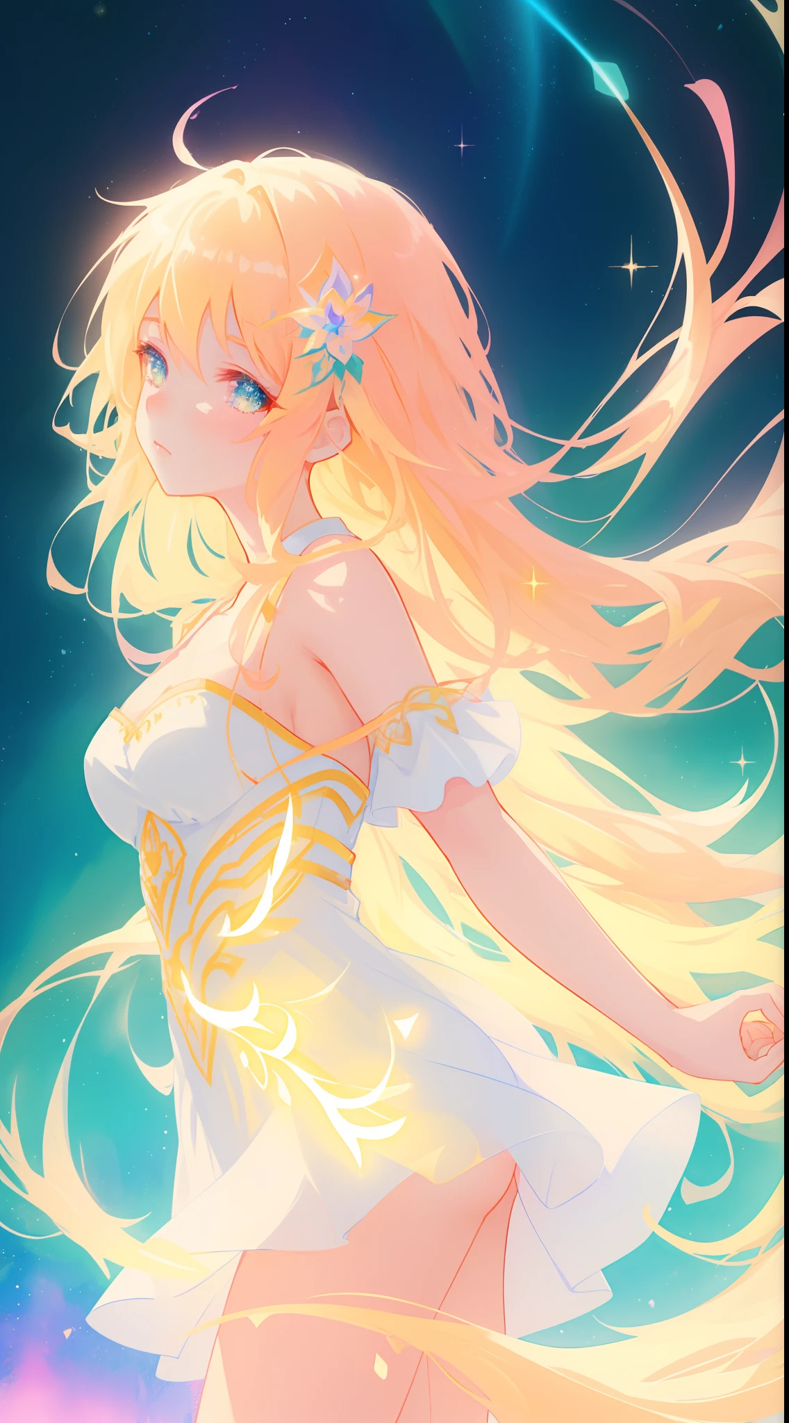 beautiful girl, simple white dress, vibrant pastel colors, (colorful), magical lights, long flowing golden hair, inspired by Glen Keane, inspired by Lois van Baarle, disney art style, by Lois van Baarle, glowing aura around her, by Glen Keane, jen bartel, glowing lights! digital painting, flowing glowing hair, glowing flowing hair, beautiful digital illustration, fantasia background, whimsical, magical, fantasy, beautiful face, ((masterpiece, best quality)), intricate details, highly detailed, sharp focus, 8k resolution, sparkling detailed eyes, liquid watercolor