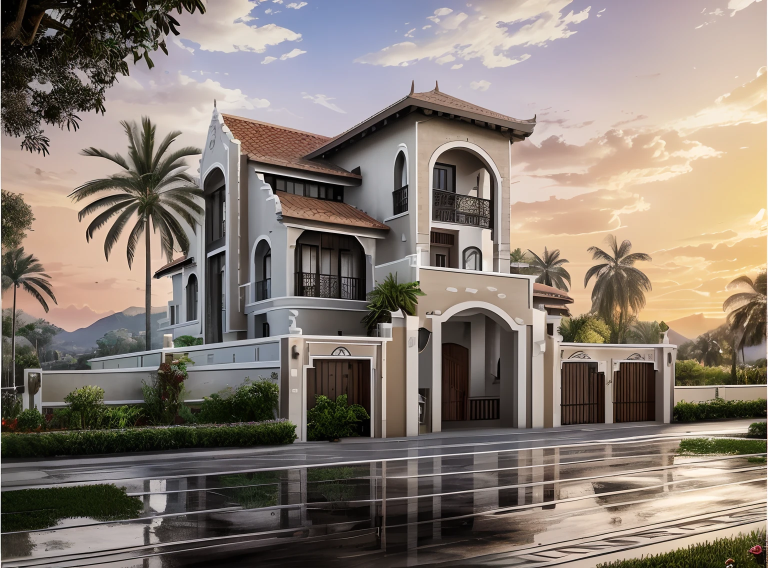 Realistic, high-quality image, classic villa, street house, 3 stories, sloppy roof, ceramic tiles on roof, large windows, french style,  Indochina architecture, 1930, Ernest Hébrard architect, wooden gate, fence with stell patterns, daylighting, beautiful sunset, trees, lighting poles on street,  wires, luxurious cars