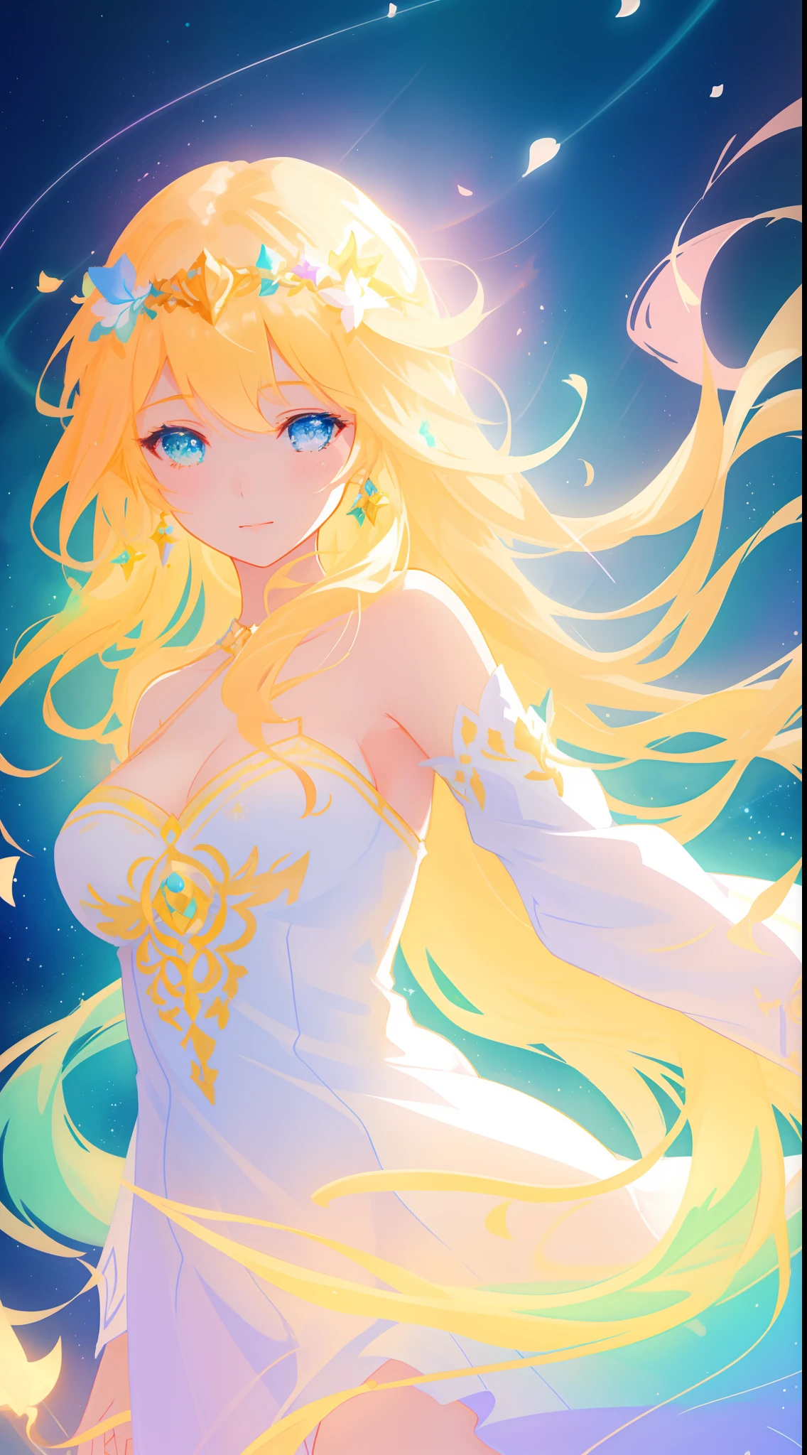 beautiful girl, simple white dress, vibrant pastel colors, (colorful), magical lights, long flowing golden hair, inspired by Glen Keane, inspired by Lois van Baarle, disney art style, by Lois van Baarle, glowing aura around her, by Glen Keane, jen bartel, glowing lights! digital painting, flowing glowing hair, glowing flowing hair, beautiful digital illustration, fantasia background, whimsical, magical, fantasy, beautiful face, ((masterpiece, best quality)), intricate details, highly detailed, sharp focus, 8k resolution, sparkling detailed eyes, liquid watercolor